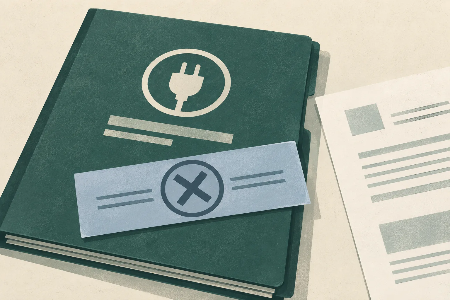 Close-up still life of an administrative registration file, an indistinct supporting certificate and a neutral cancellation tab arranged across a desk with a clear dividing line.