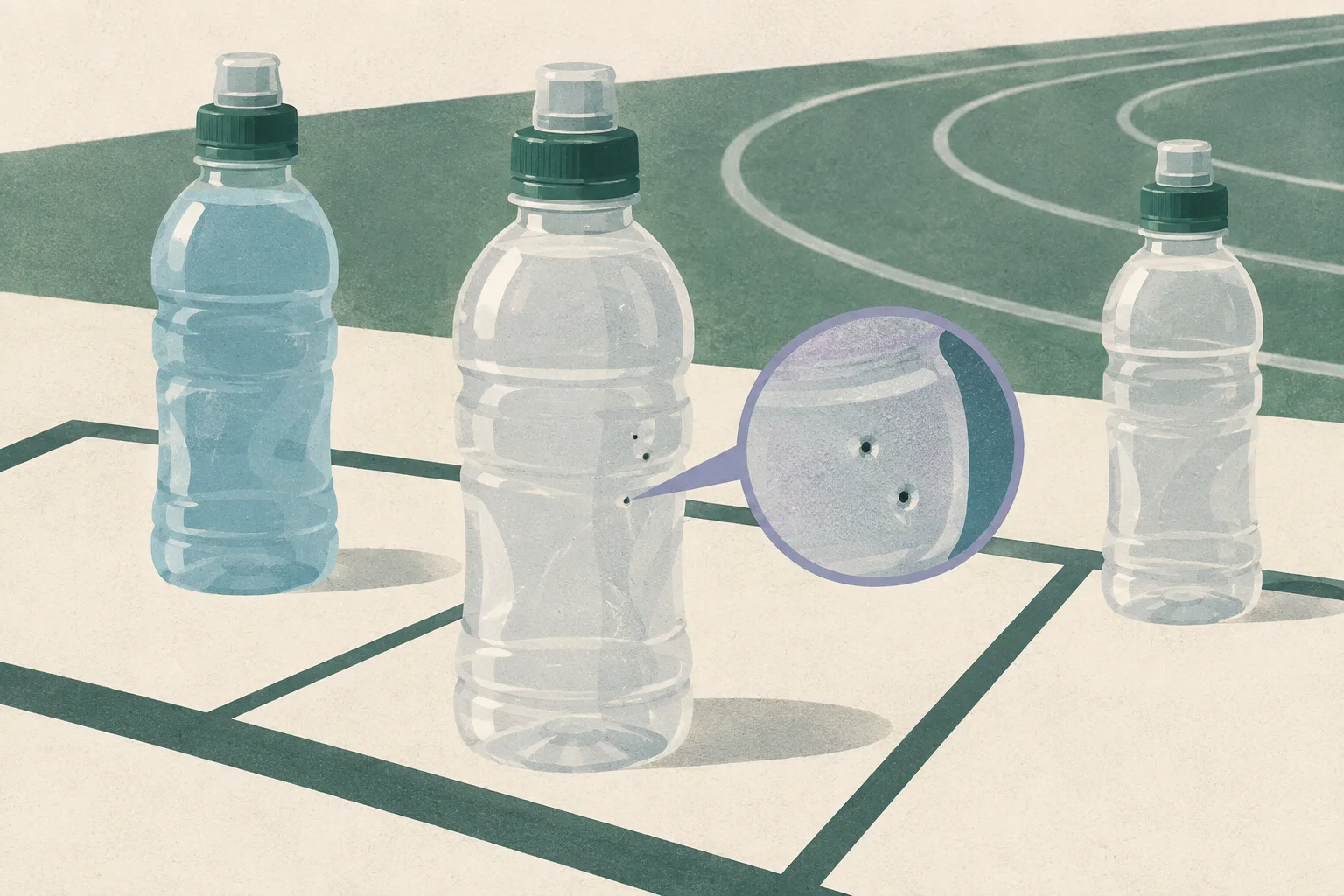 Several unbranded bottled sports drinks are spaced apart on a pale examination grid, with small suspected puncture marks visible on some packaging and simplified athletics-track lines in the background.