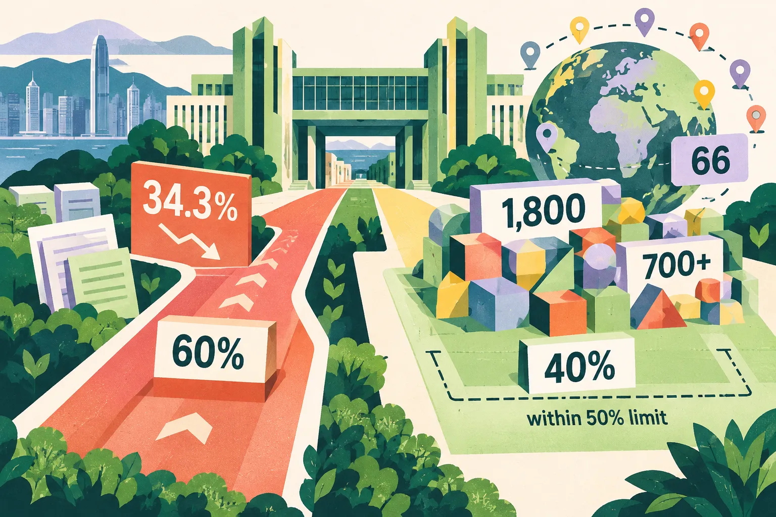 A colourful geometric diagram shows separate JUPAS and international admissions pathways leading toward a simplified university gateway. Labels identify 34.3 percent, about 60 percent, about 1,800 newcomers, more than 700 overseas students, 66 origins and an estimated share around 40 percent within 