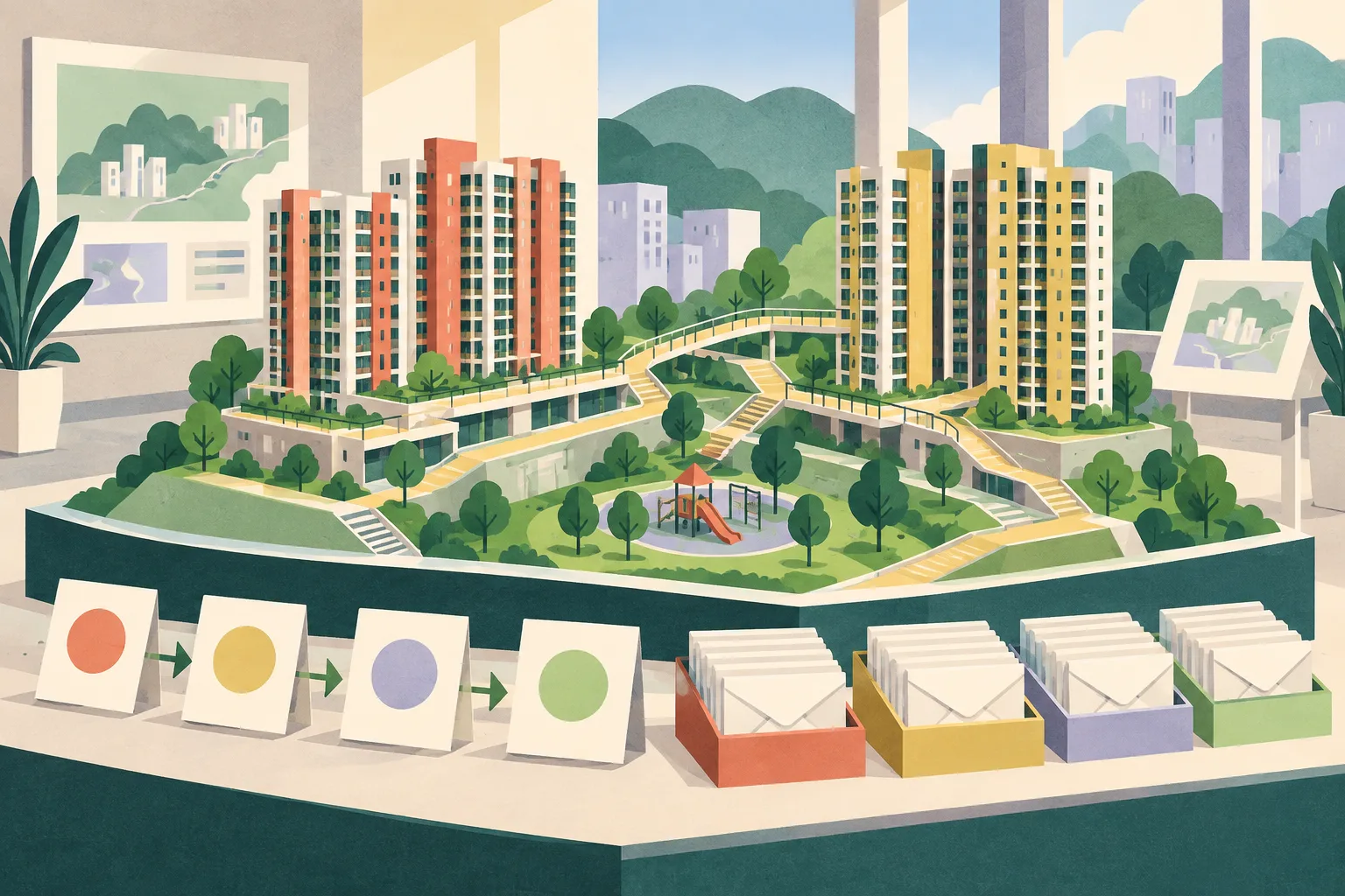 Cut-paper illustration of two simplified housing development models on stepped terrain, connected by walking paths and small playground forms, beside abstract selection cards and notification letters on an exhibition plinth.