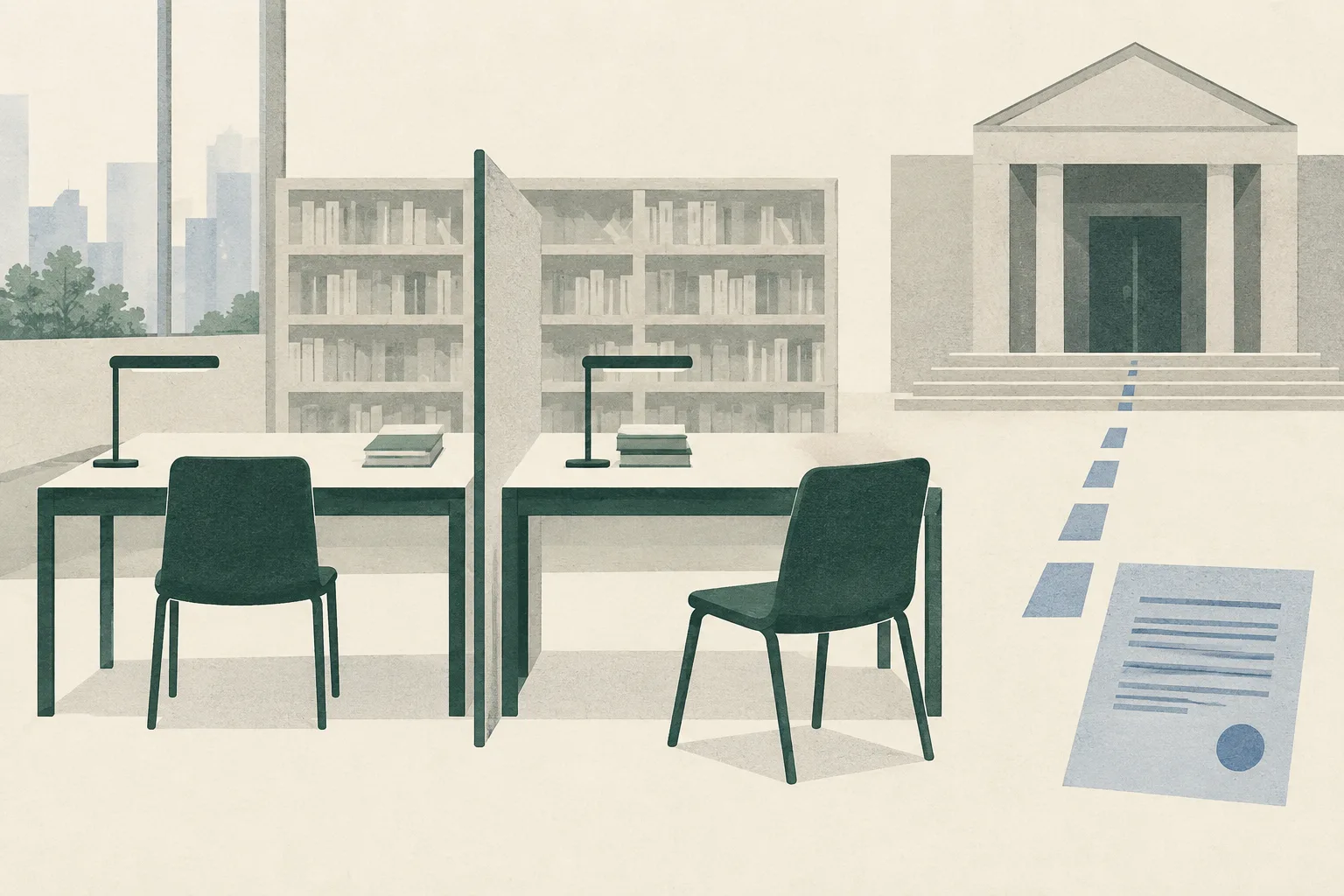 An empty library study room in flat elevation, with two separated desks, a pulled-back chair, a clear partition and a small abstract courthouse doorway.