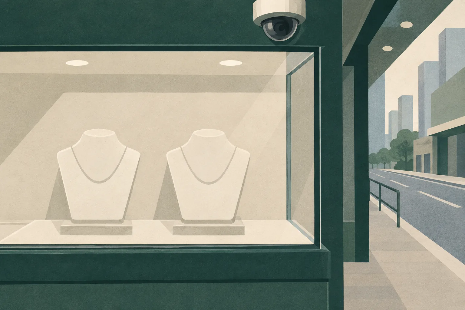 A quiet cut-paper illustration of a jewellery display case with two vacant necklace slots, a small CCTV camera above it, and simplified storefront and road geometry in muted blue, grey, stone and ochre.