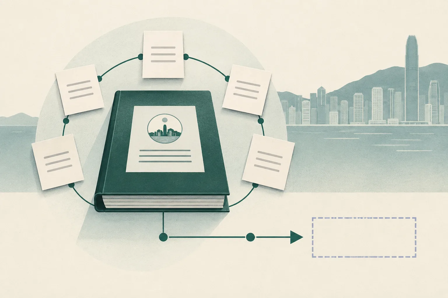 An abstract civic review diagram shows five neutral paper tabs surrounding a closed dossier, with an orderly pathway leading toward an empty decision box.