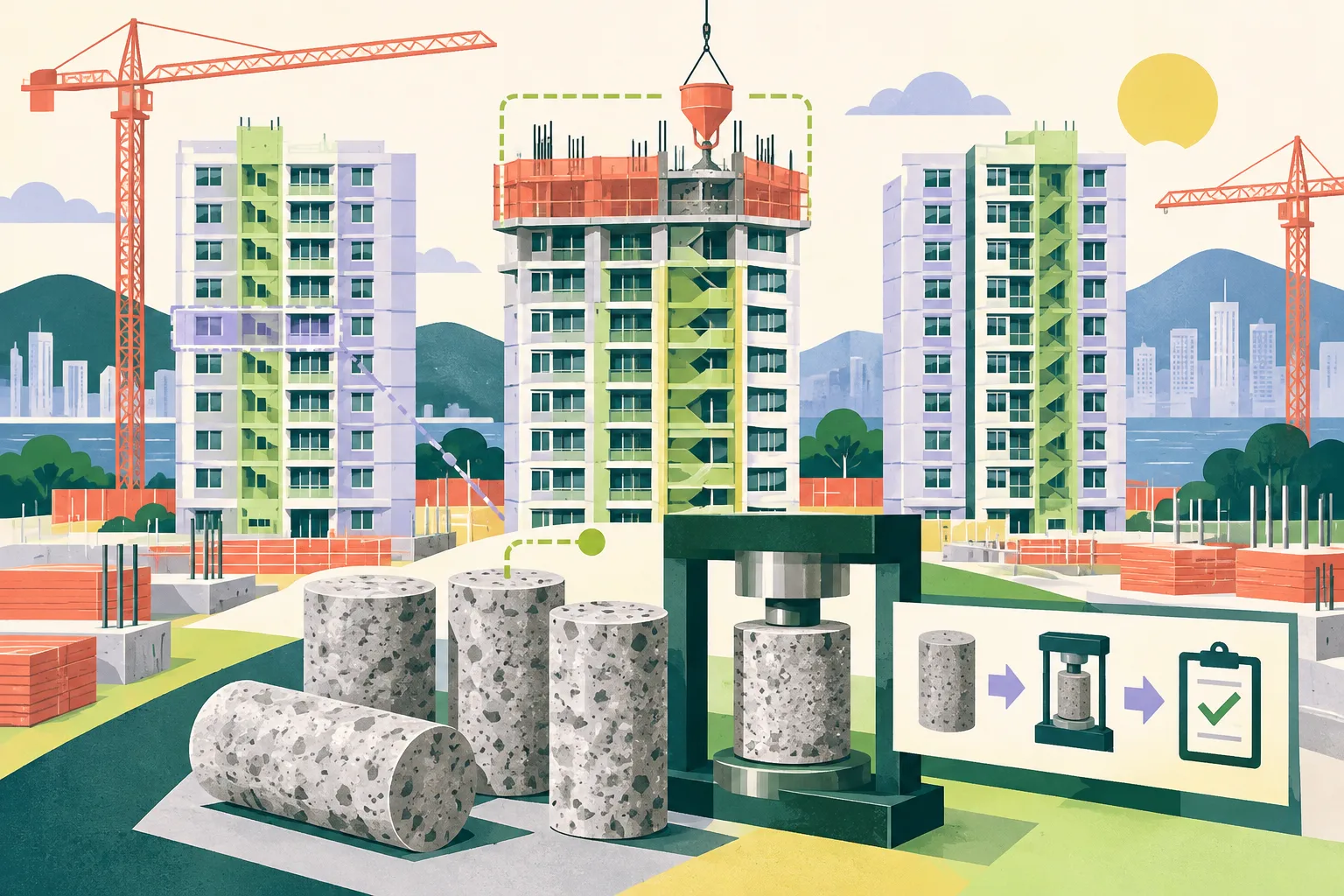 Flat architectural illustration of a three-block public-housing construction project, featuring a paused concrete-pouring zone on one block, concrete core samples, a testing grid and a review pathway linking inspection to possible resumption of work.