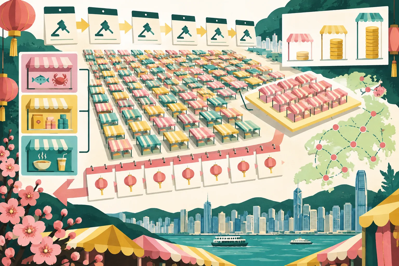A colorful cut-paper diagram shows a modular grid of Lunar New Year fair stalls divided into product categories, linked to calendar bands for October bidding dates and a seven-day fair period in late January and early February 2027.