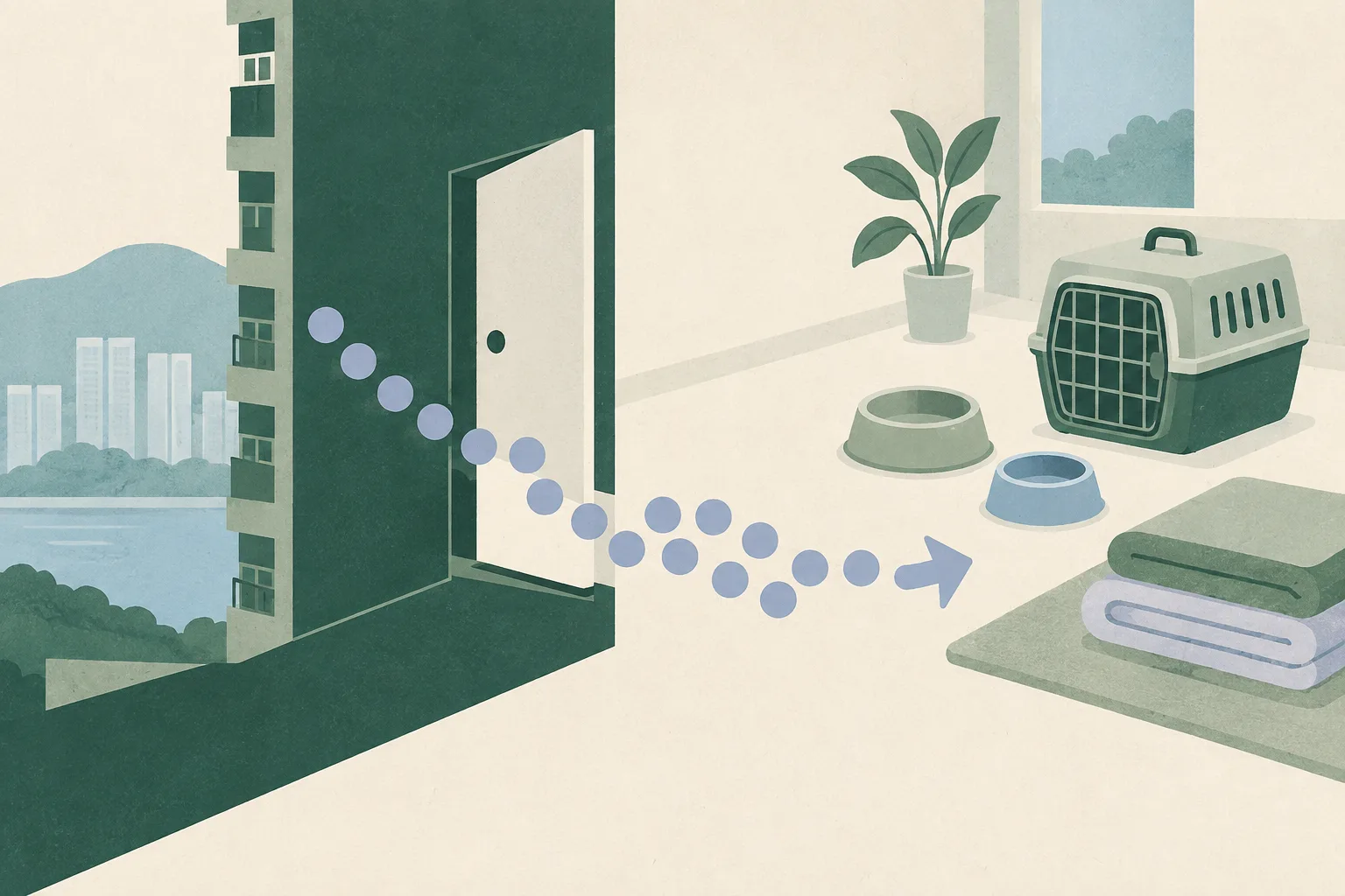 A simplified apartment boundary opens toward a temporary-care area, while fourteen abstract circular tokens move past a threshold toward pet bowls, a carrier and folded blankets in a calm mineral-blue composition.