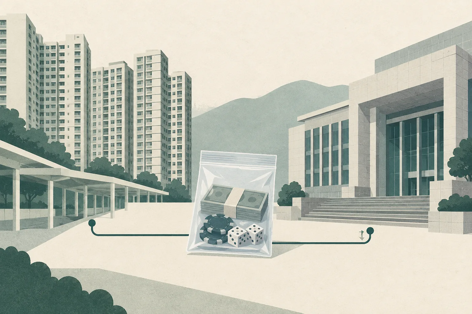 A flat cut-paper illustration shows simplified residential estate blocks linked by a thin route line to a neutral magistrates' court facade, with a small sealed evidence pouch containing abstract objects and a modest amount of cash in the foreground.
