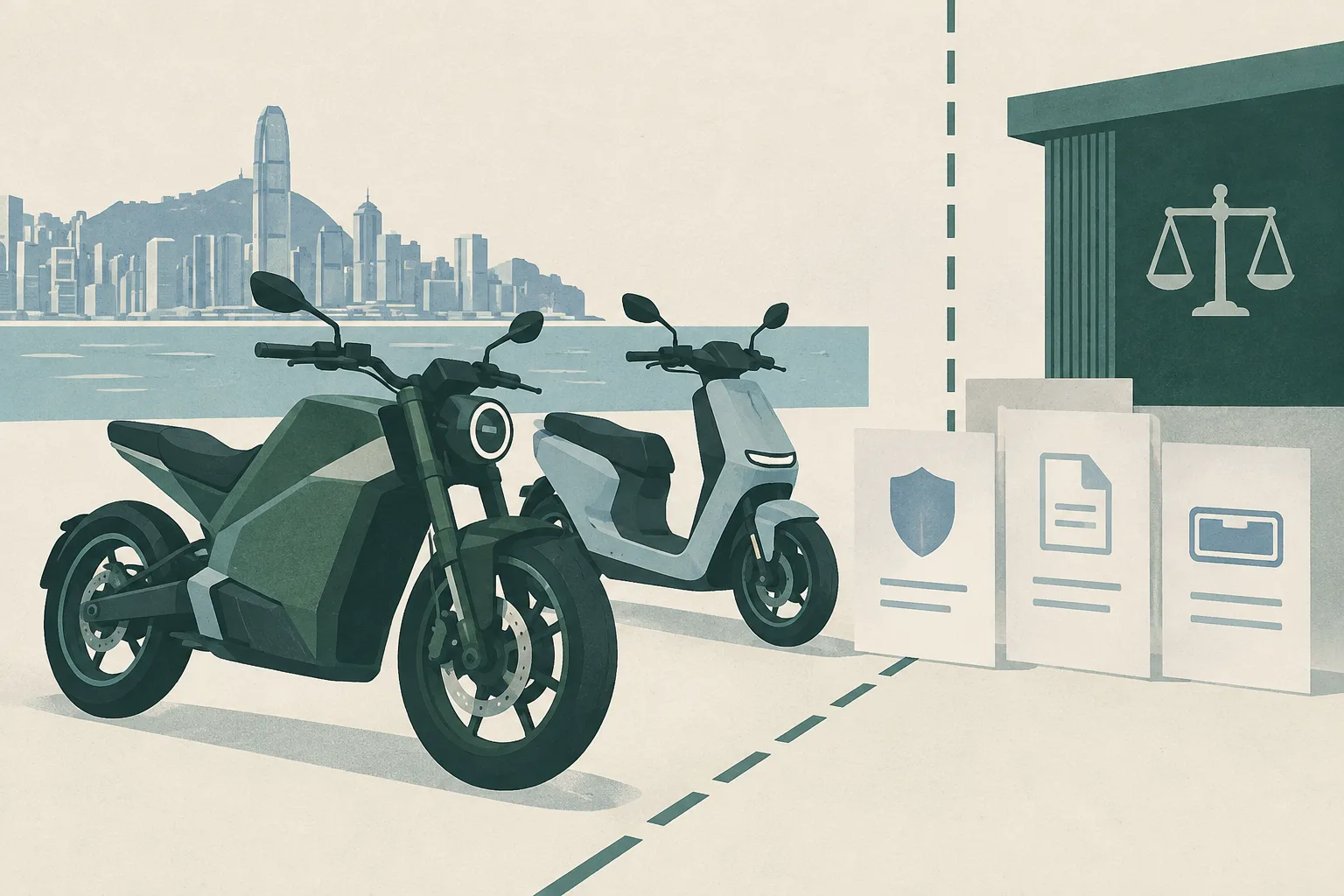 A quiet cut-paper still life shows two simplified electric motorcycles beside blank permit and insurance panels, separated by a thin regulatory boundary on a warm grey ground.