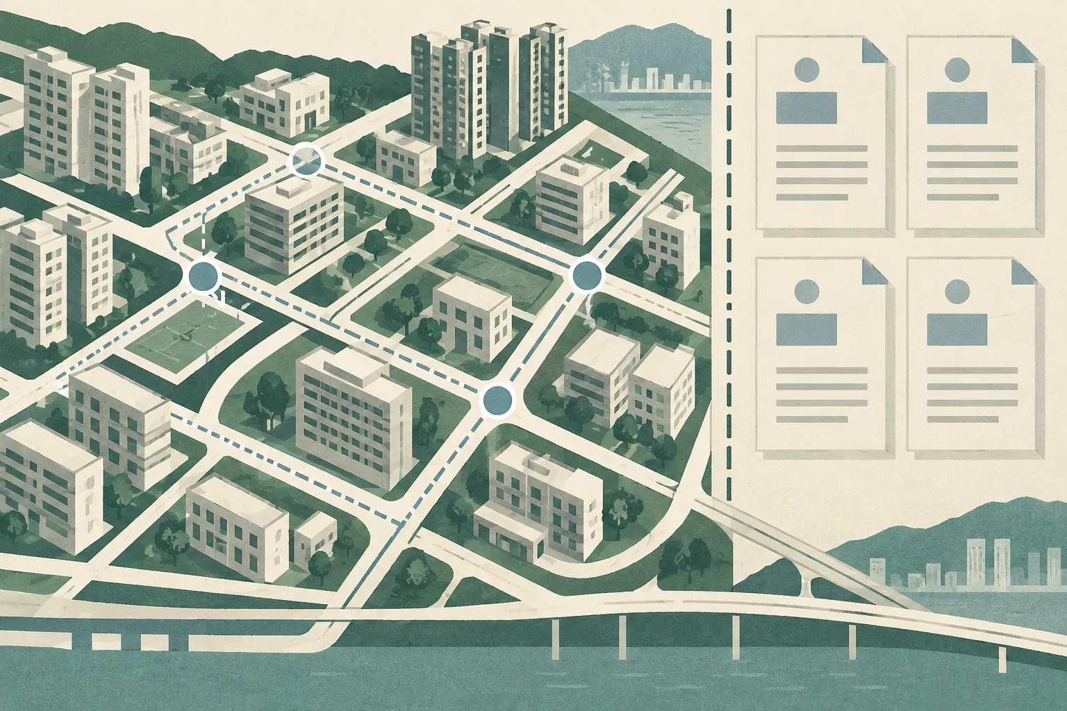 A flat cut-paper collage of simplified East Kowloon building blocks, intersecting inspection routes, four separated administrative panels and a translucent boundary line, using muted blue, dusty teal and warm grey with subtle screen-print texture.