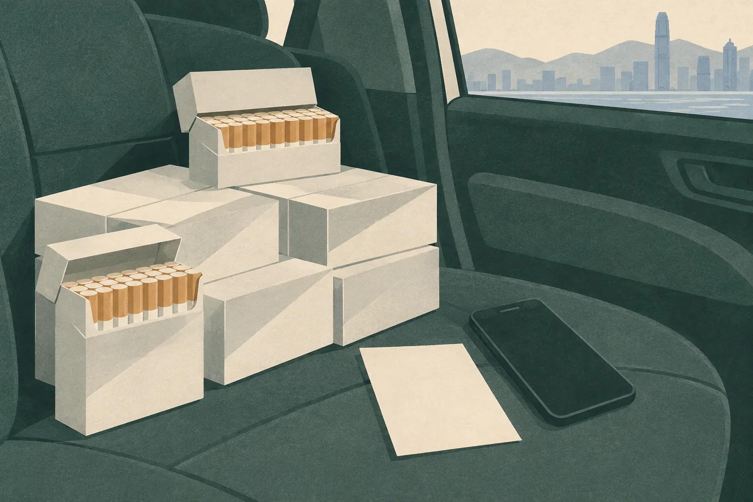 Generic cigarette cartons, a mobile phone and a blank leaflet arranged within a simplified private-car interior, with a restrained boundary marker suggesting an ongoing investigation.
