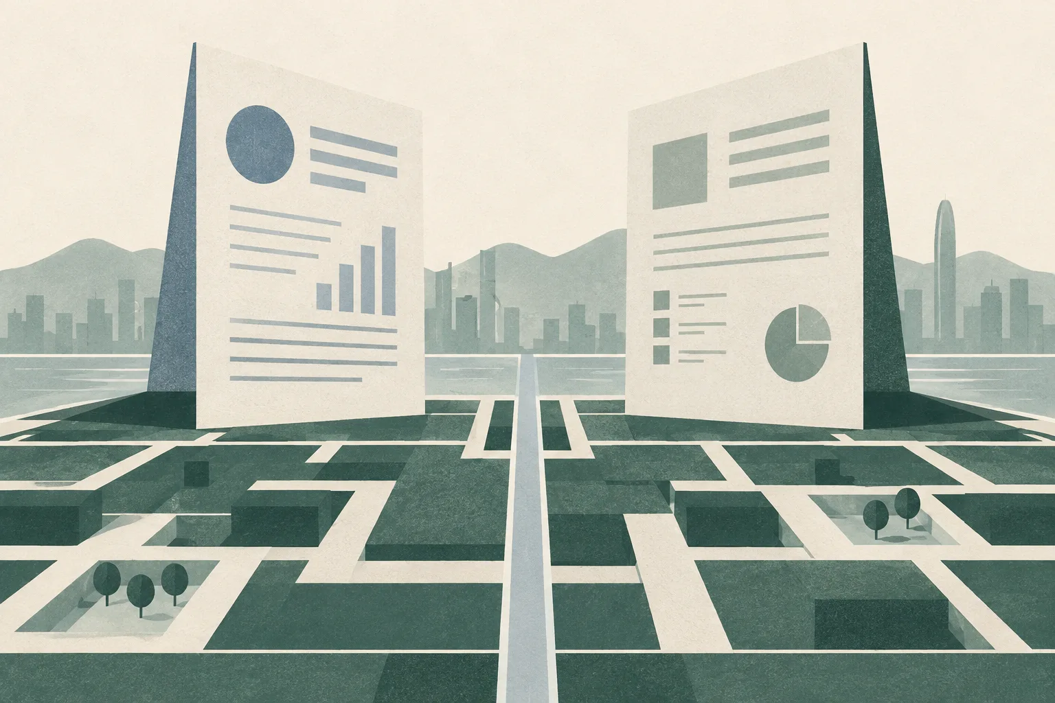 An abstract cut-paper composition shows two offset institutional panels separated by a narrow boundary above a stable geometric civic grid, in muted teal, grey, ochre and off-white.