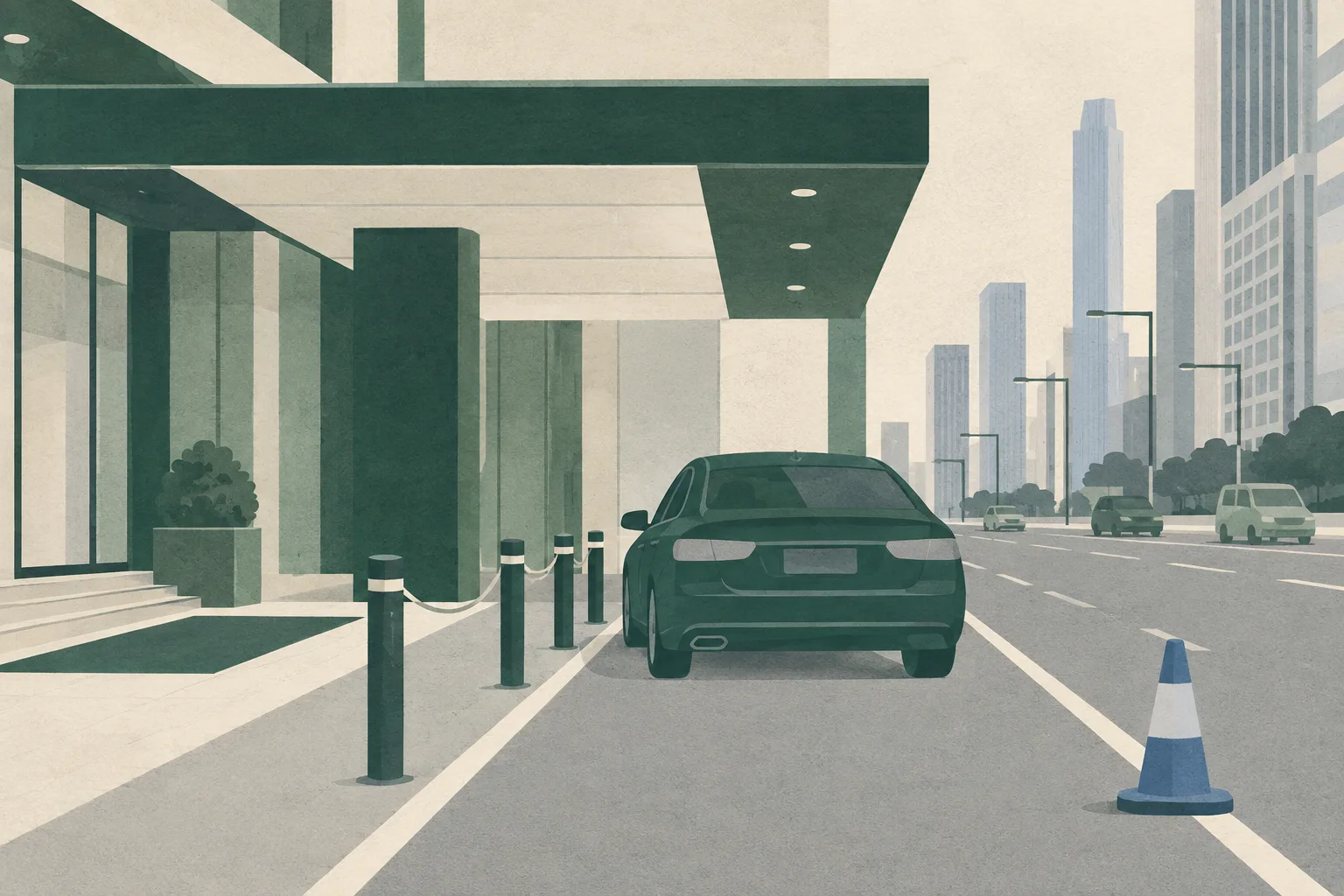 A flat cut-paper illustration of a hotel vehicle drop-off with a parked car, a traffic cone resting apart from the entrance, and a clear boundary across the urban road space.