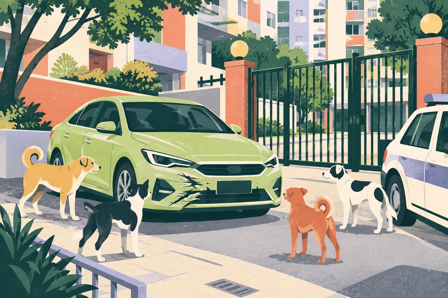 A cut-paper illustration shows four simplified dogs around a parked car with scratches on its front bumper, beside a barred residential gate and a small police vehicle at the edge of the scene.
