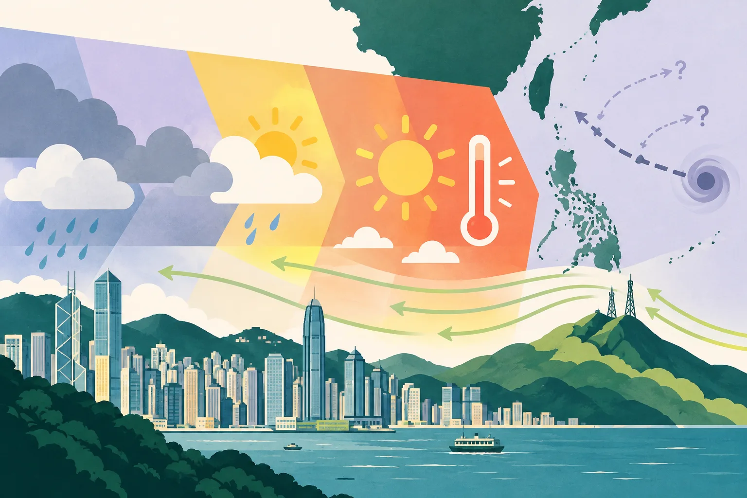 A cut-paper weather diagram shows clouds, small rain marks, a warm sun, wind lines and a high thermometer level arranged across shifting blue, ochre and coral forecast bands. A separate circular tropical system has a dashed, unresolved path toward the waters east of Taiwan.