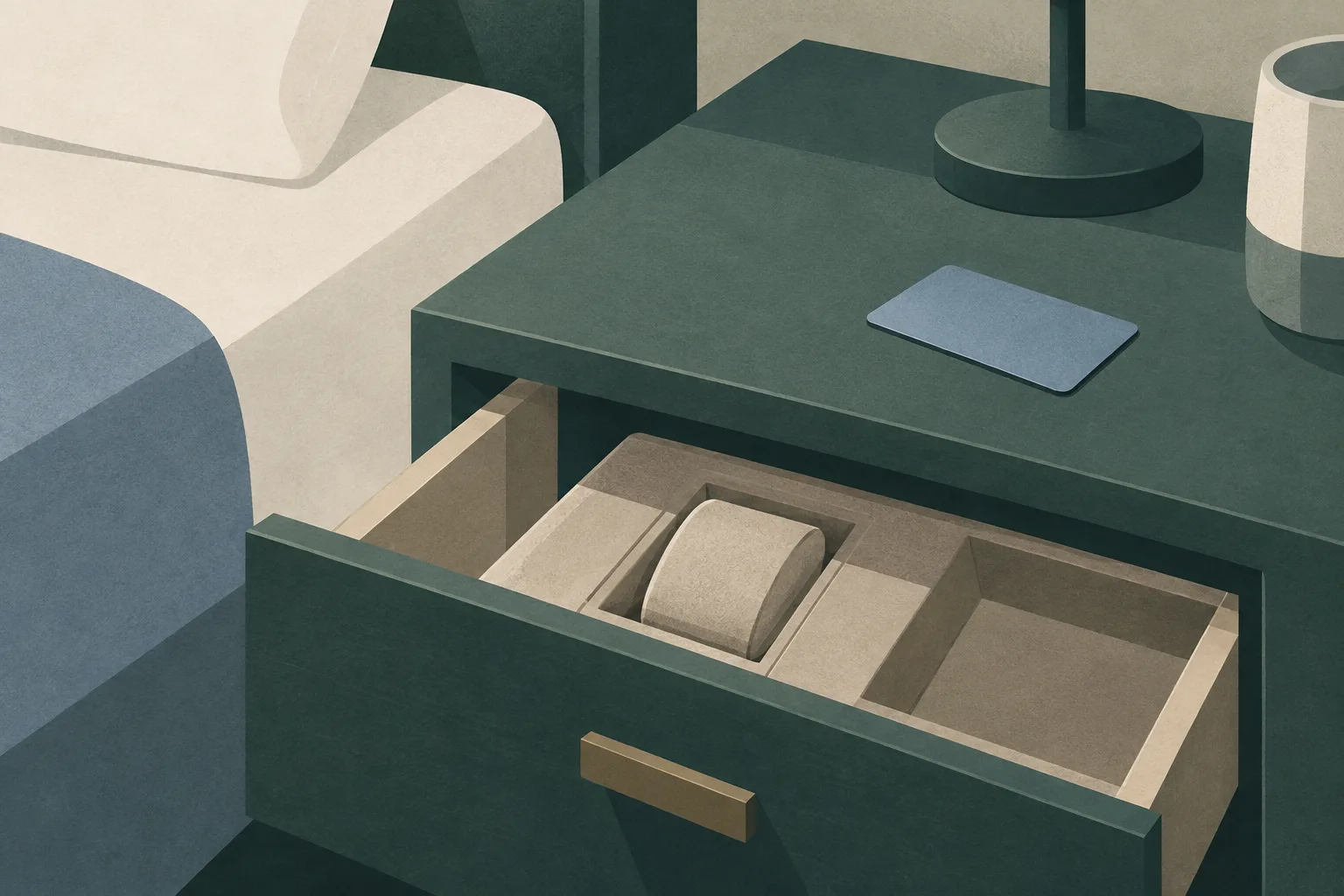 Close detail of an open hotel bedside drawer with an empty watch cushion and a plain room key card on the table, rendered in subdued blue, ochre and teal cut-paper shapes.