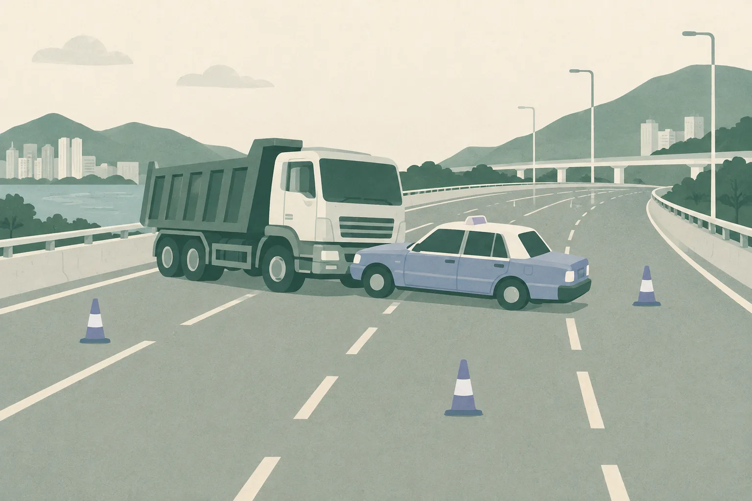 Abstract roadway diagram with simplified dump truck and taxi shapes positioned across two lanes, separated by open space and a small investigation marker.