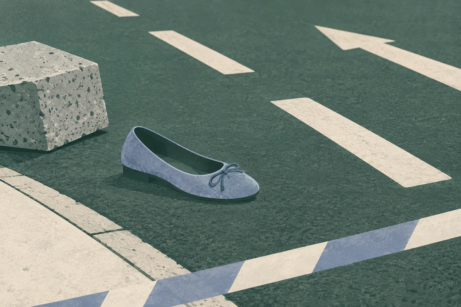 A single displaced shoe rests beside simplified road markings and a small concrete-textured block, separated by a thin inspection line in a quiet editorial illustration.
