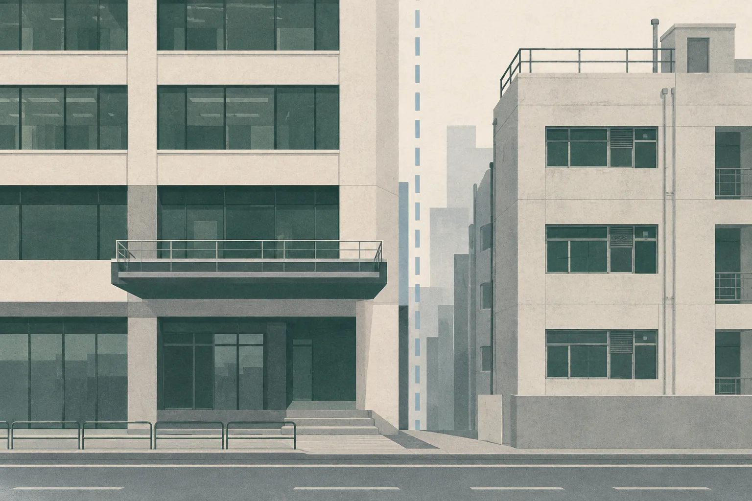 A quiet cut-paper illustration of adjacent urban building facades in Yau Ma Tei, with a recessed platform, a rooftop boundary and an interrupted vertical line suggesting an unresolved investigation.