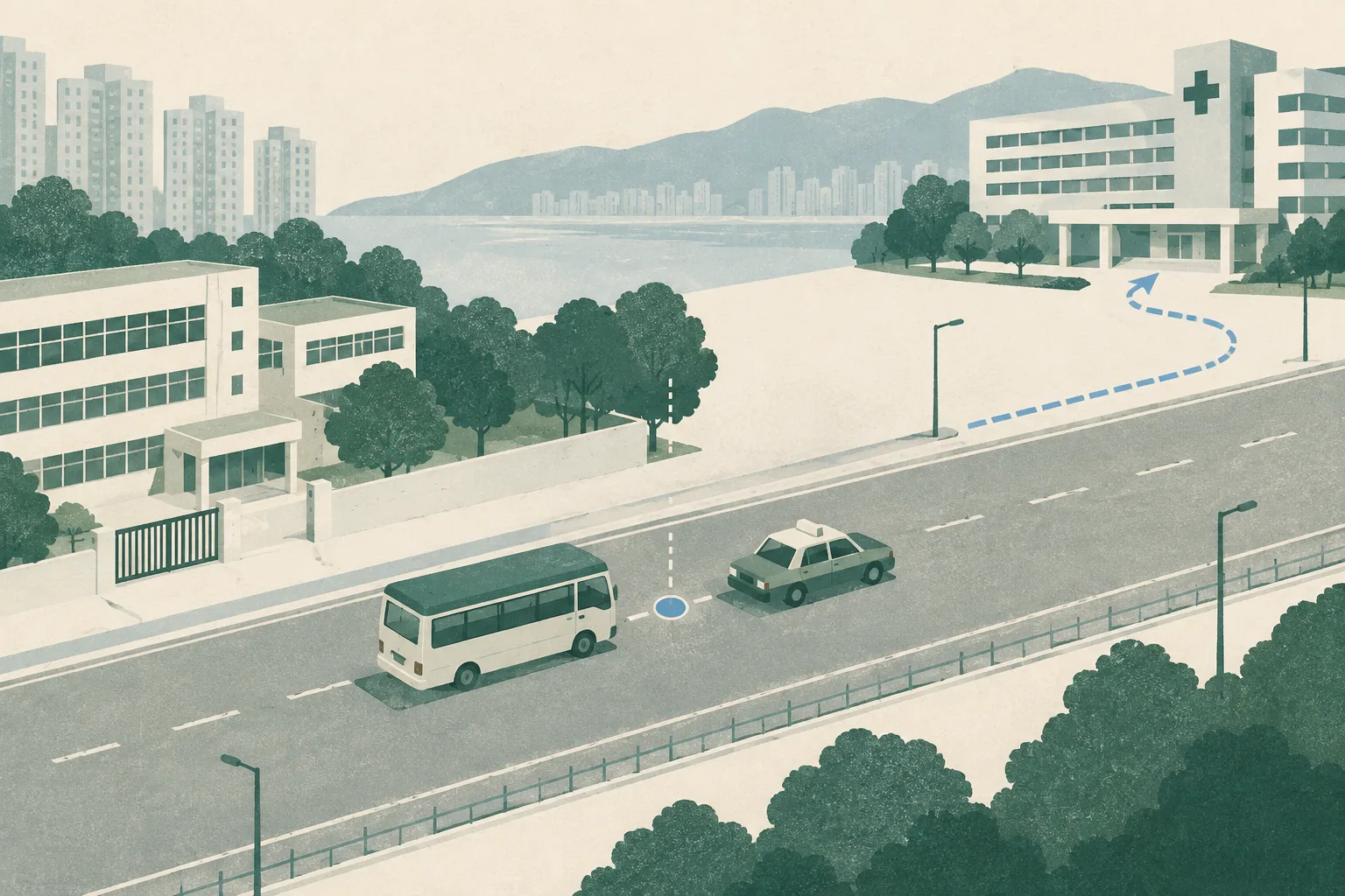 A restrained abstract road diagram shows a simplified school minibus and taxi separated by a narrow boundary, with a route extending from a school building toward a hospital block and a small investigation marker beside the road.