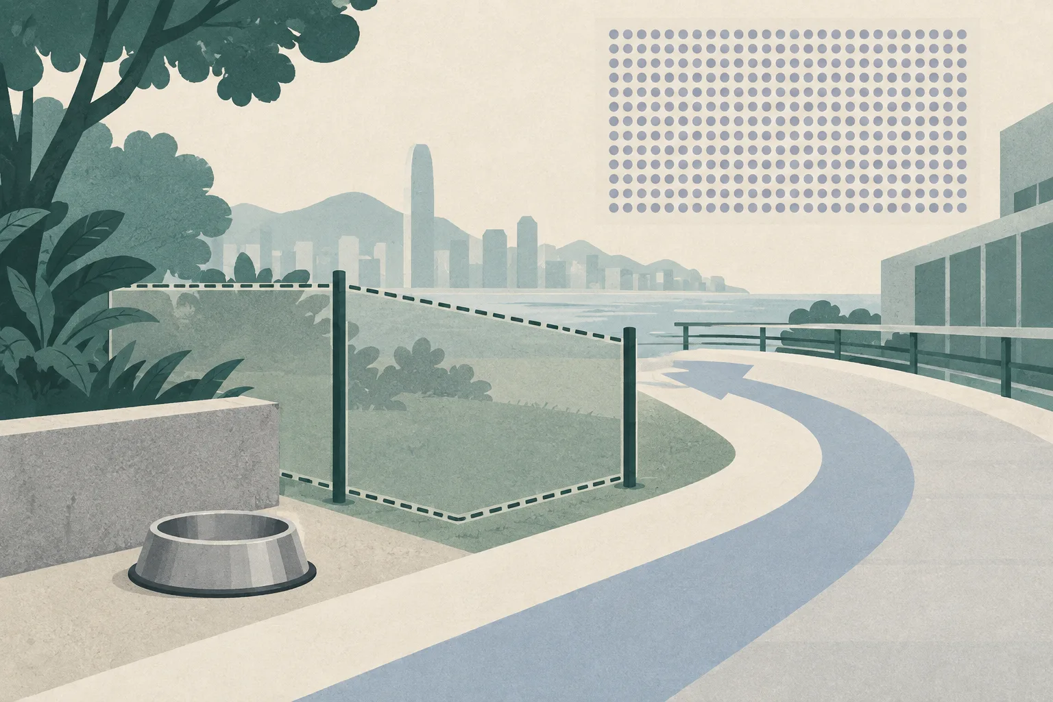 People-free civic diagram showing an empty feeding bowl beside a geometric restricted zone, a pathway bending around it, and a subdued field of small marks suggesting an annual stray-dog capture figure.