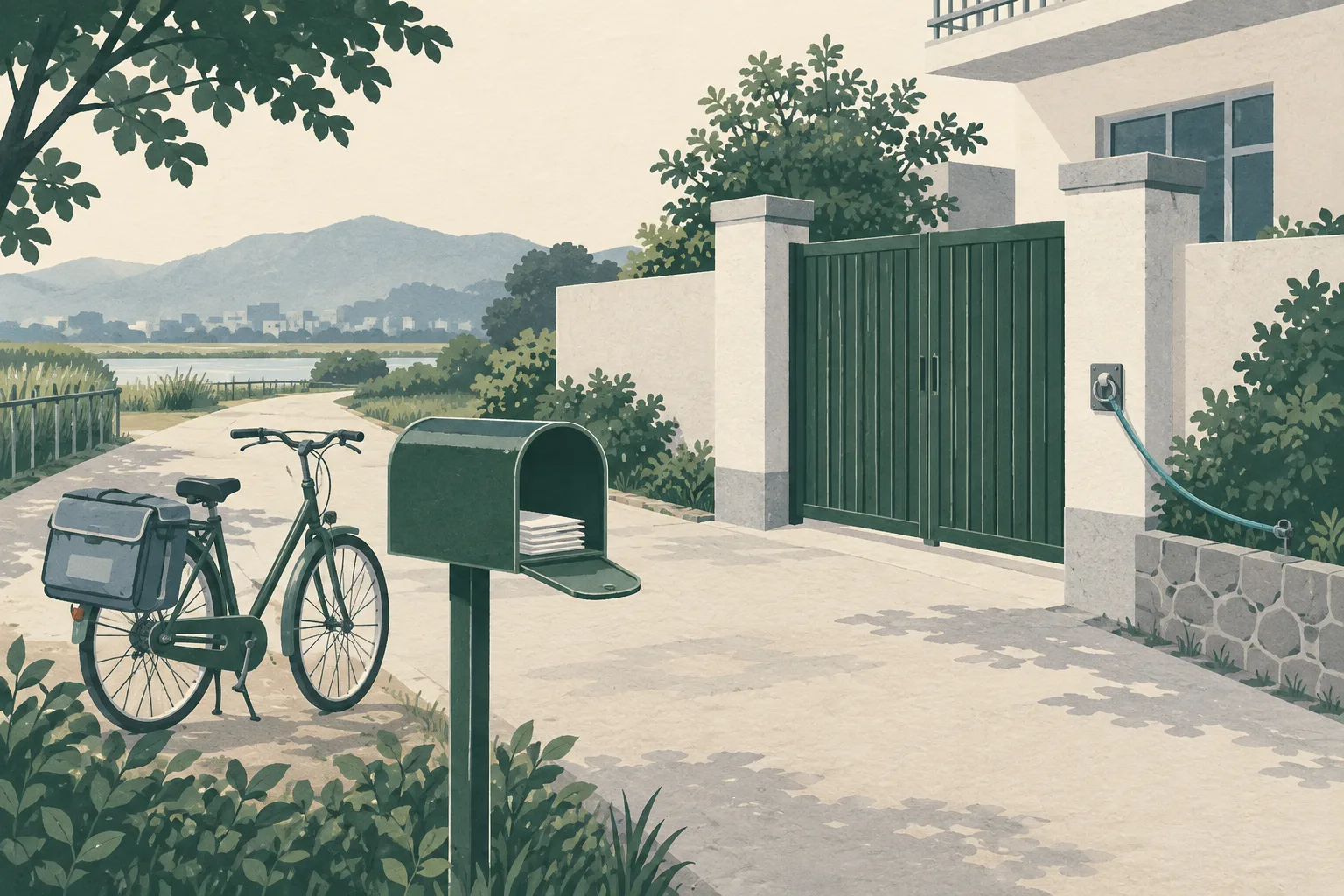 A flat cut-paper illustration of a quiet semi-rural lane with a closed gate, an empty mailbox, a parked delivery bicycle and a simple leash anchor forming a safety boundary.