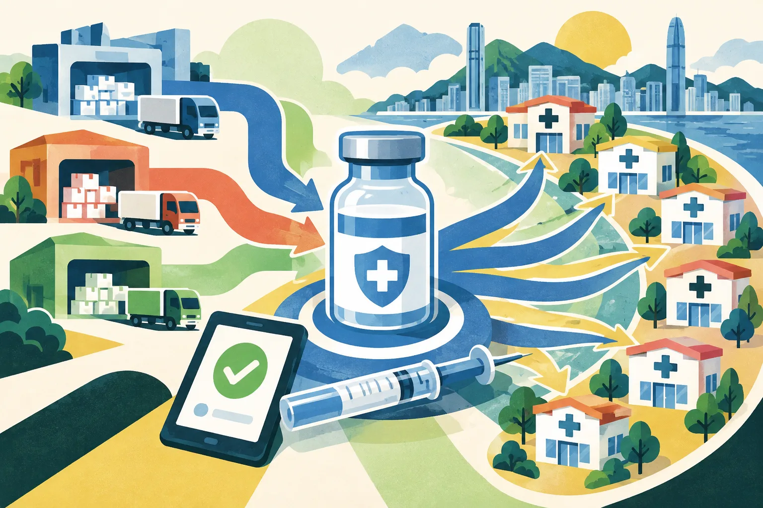 A cut-paper civic health diagram shows a large blue vaccine vial connected to several supply blocks, an electronic consent tablet, and a widening network of abstract clinic nodes in coral, lime, teal and ochre.