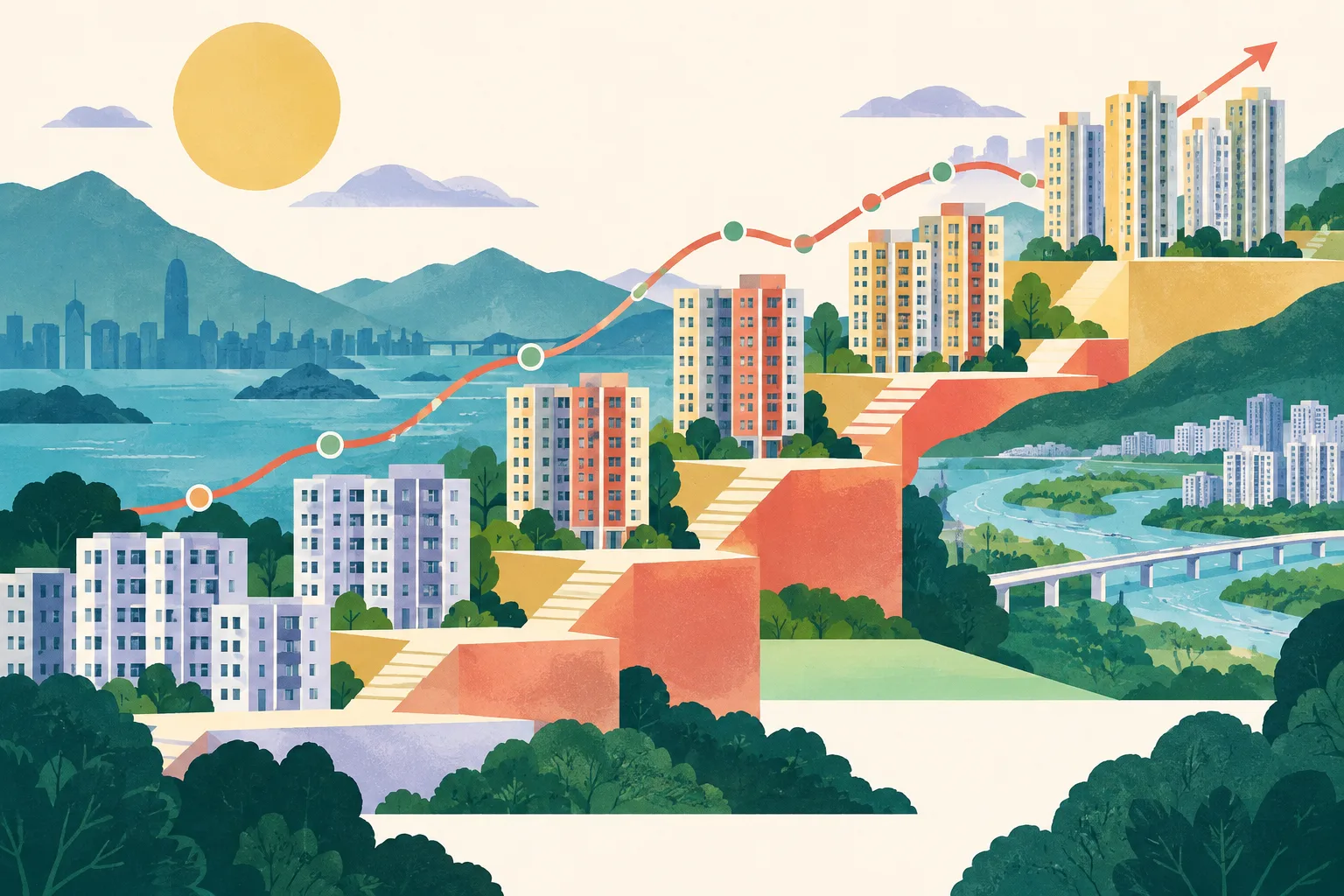 Flat-elevation collage of simplified residential towers arranged along an ascending geometric pathway, with a gently fluctuating route line, modular housing blocks and larger building clusters on a level landform.