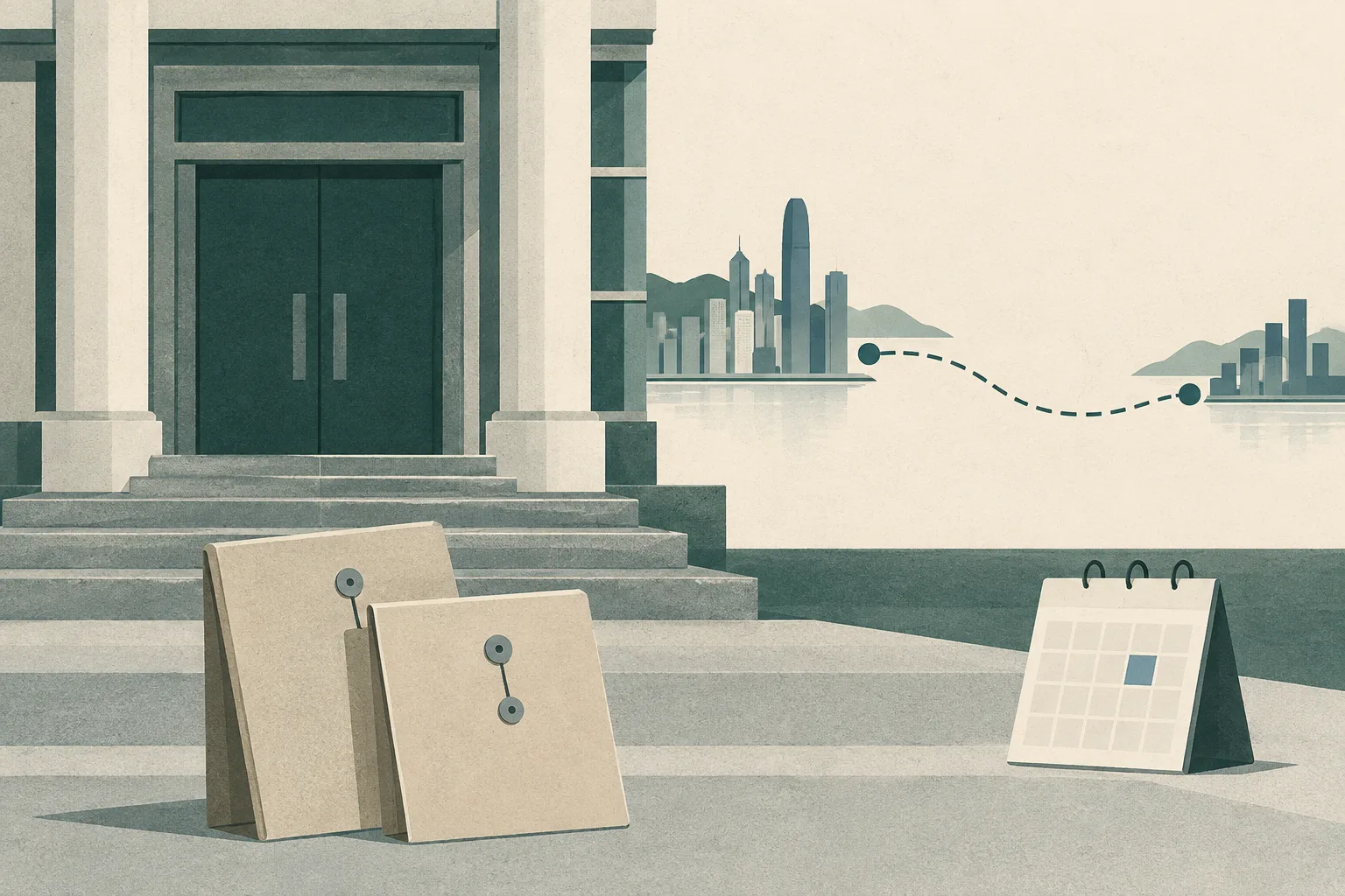 A sparse cut-paper illustration of an empty courthouse entrance with closed doors, two sealed report folders, and an interrupted route line between two simplified city blocks.