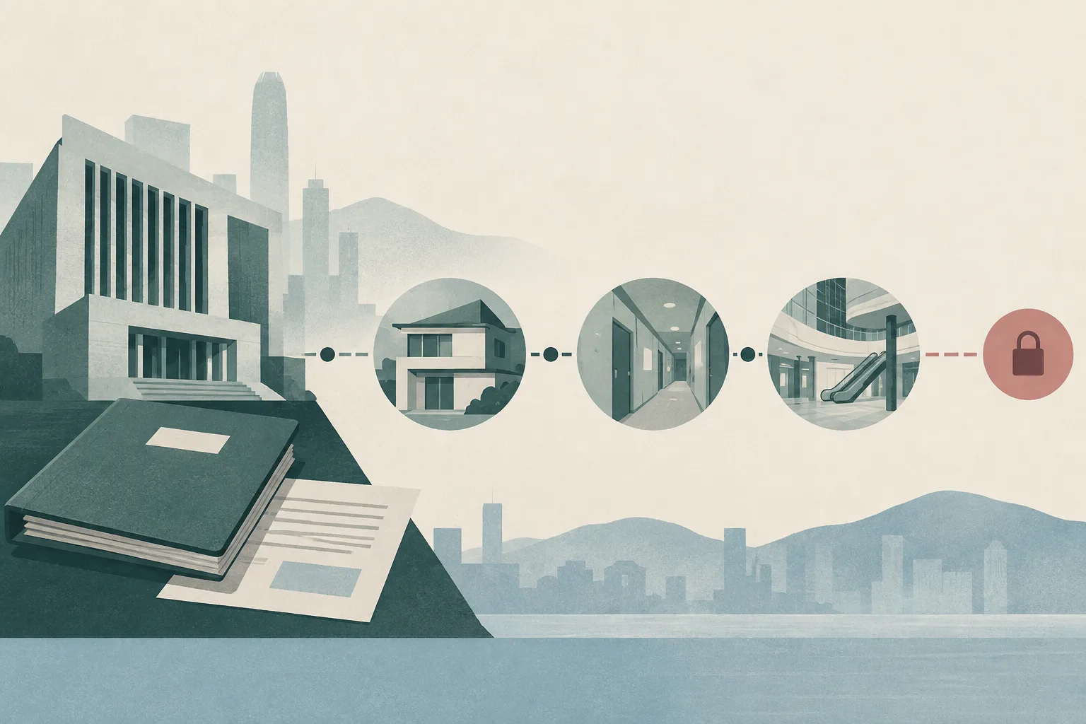 A restrained geometric illustration shows a closed case folder beside a simplified courthouse, with three separated architectural compartments linked by an interrupted line and a sealed block representing an ongoing court process.