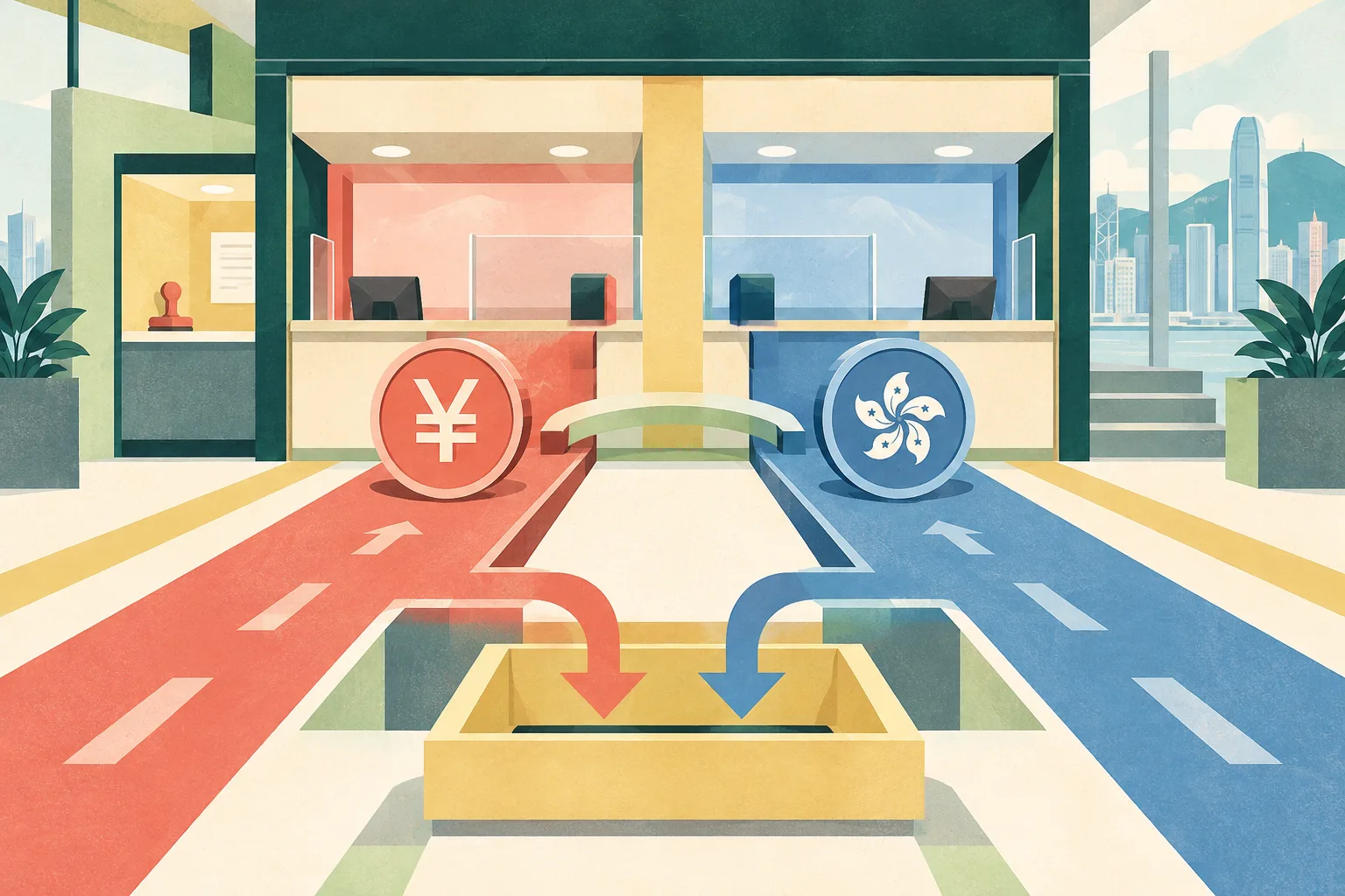 A cut-paper illustration of a simplified civic payment counter with coral and blue payment paths running side by side into a shared settlement platform, connected by a slim bridge-like line and surrounded by teal and ochre architectural shapes.