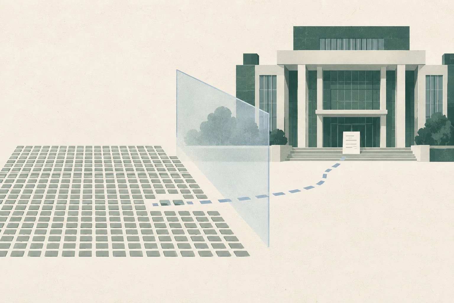 A flat collage shows a simplified civic court facade behind a translucent boundary, with a detached grid of unmarked rectangular tiles and an interrupted route leading toward the entrance.