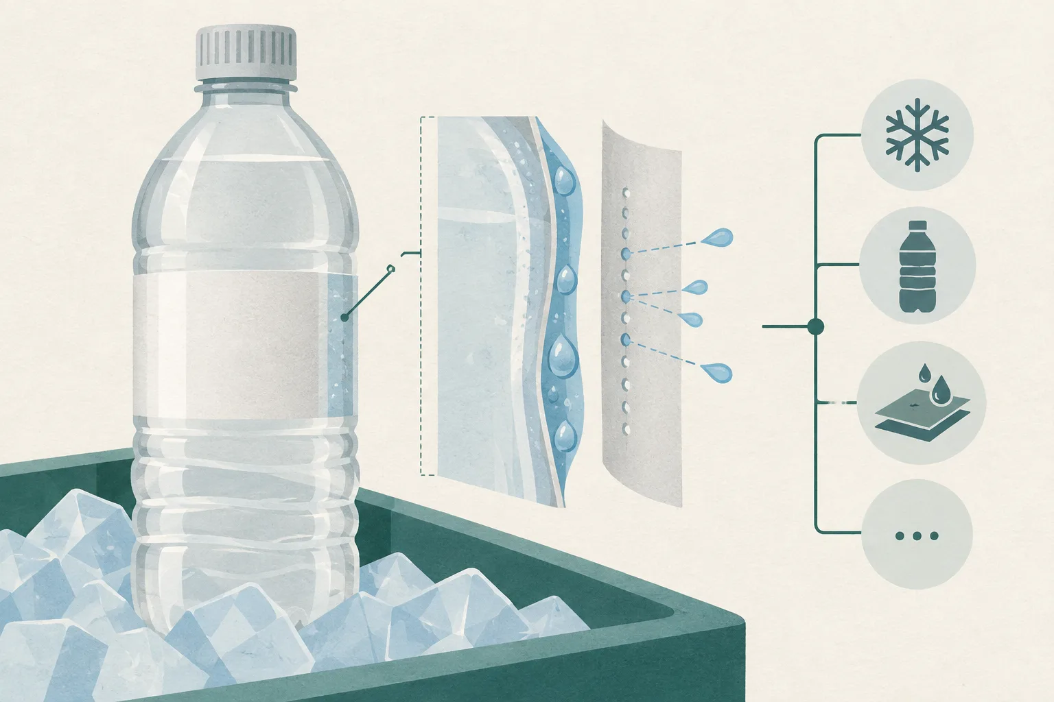 Diagram of an unbranded chilled plastic drink bottle with a perforated tear-off label, showing a thin layer of trapped water and a few droplets passing through the label holes.