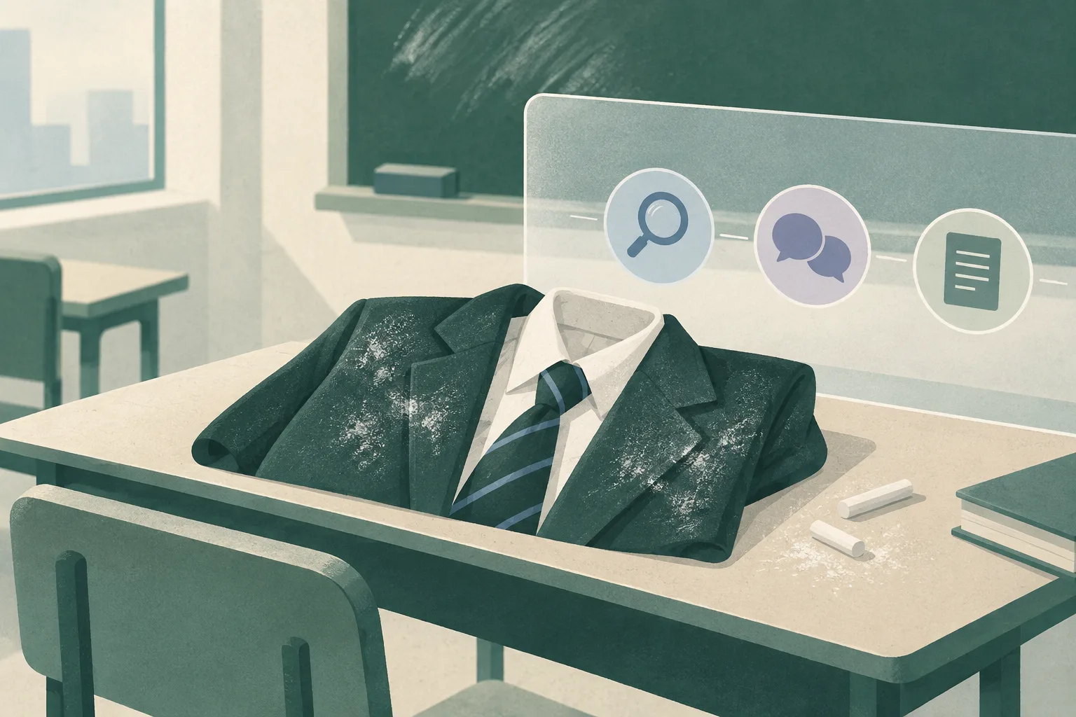 An unoccupied classroom desk beside a school jacket, shirt, and tie bearing loose white chalk marks, separated from simple investigation markers by a translucent blue boundary panel.