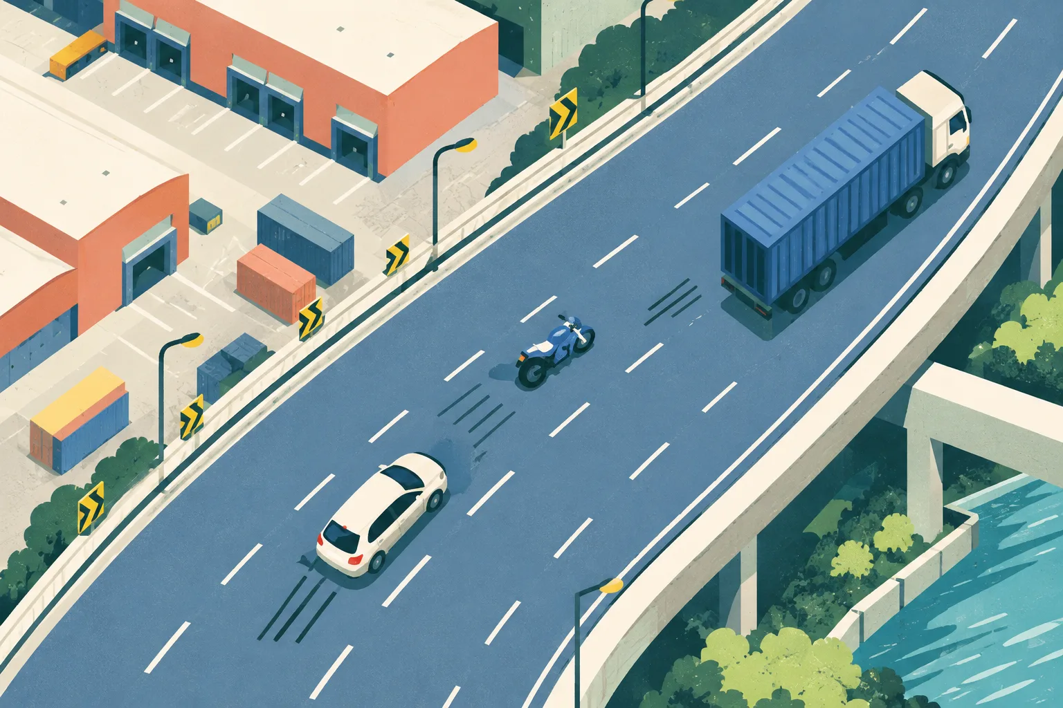 Top-down cut-paper illustration of a curved highway beside simplified logistics-centre buildings, with abstract motorcycle and truck shapes near a broken lane pattern, braking marks on the road, and a private car positioned behind as a protective warning buffer.