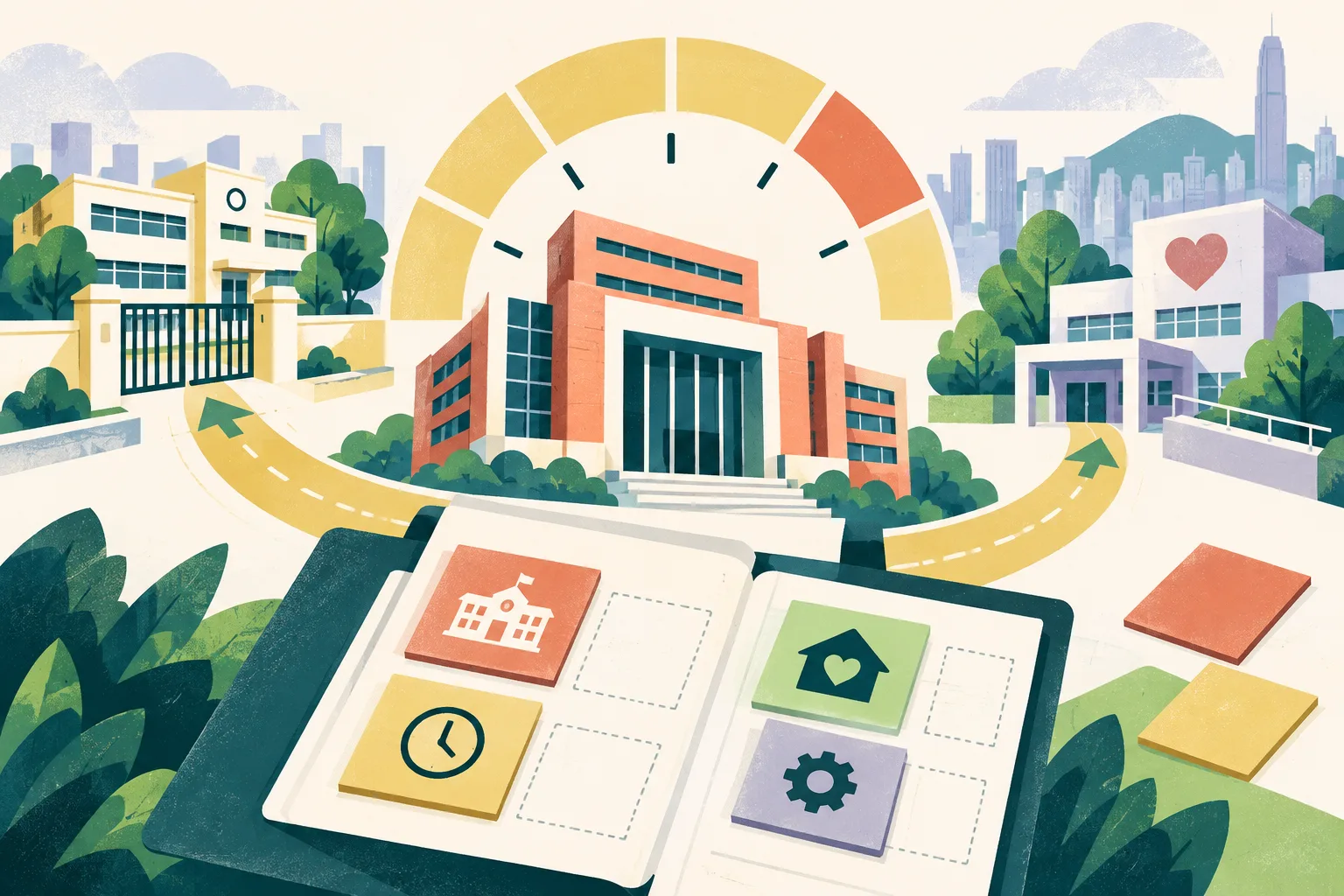 A cut-paper civic collage shows a simplified government office connected by two short geometric routes to a school entrance and an elderly-care facility. A segmented time band, open guidance folder and movable leave tiles suggest a proposed short family-care absence still being designed.