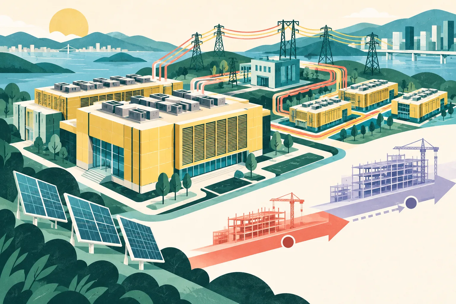 A cut-paper illustration of modular data-centre buildings connected by blue and teal electricity-grid lines, with ochre construction layers and small energy panels arranged in a forward-moving spatial collage.