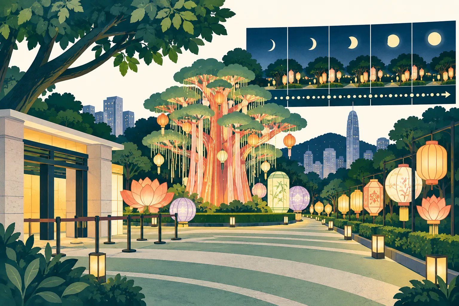 Flat cut-paper illustration of a park lantern promenade with a tall banyan-tree lantern installation, varied glowing lanterns, an evening schedule motif and a short entry barrier.