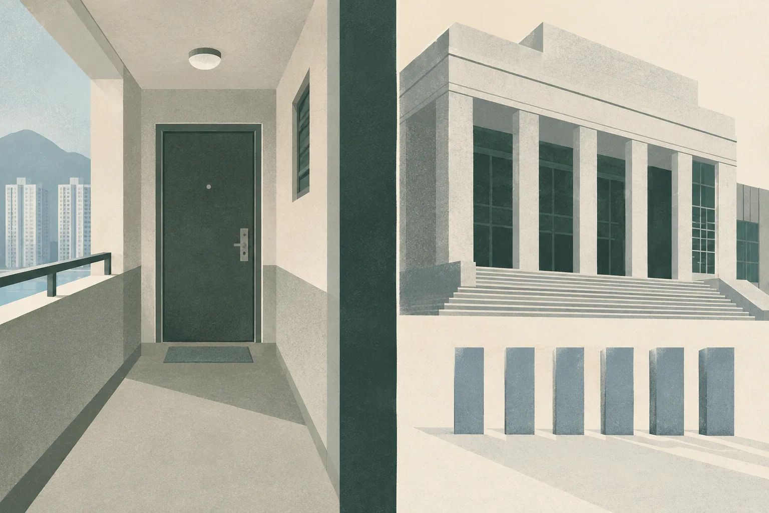 A people-free architectural collage shows a closed apartment door at the end of a short corridor, separated by a clean boundary from a simplified courthouse form with six muted vertical blocks.