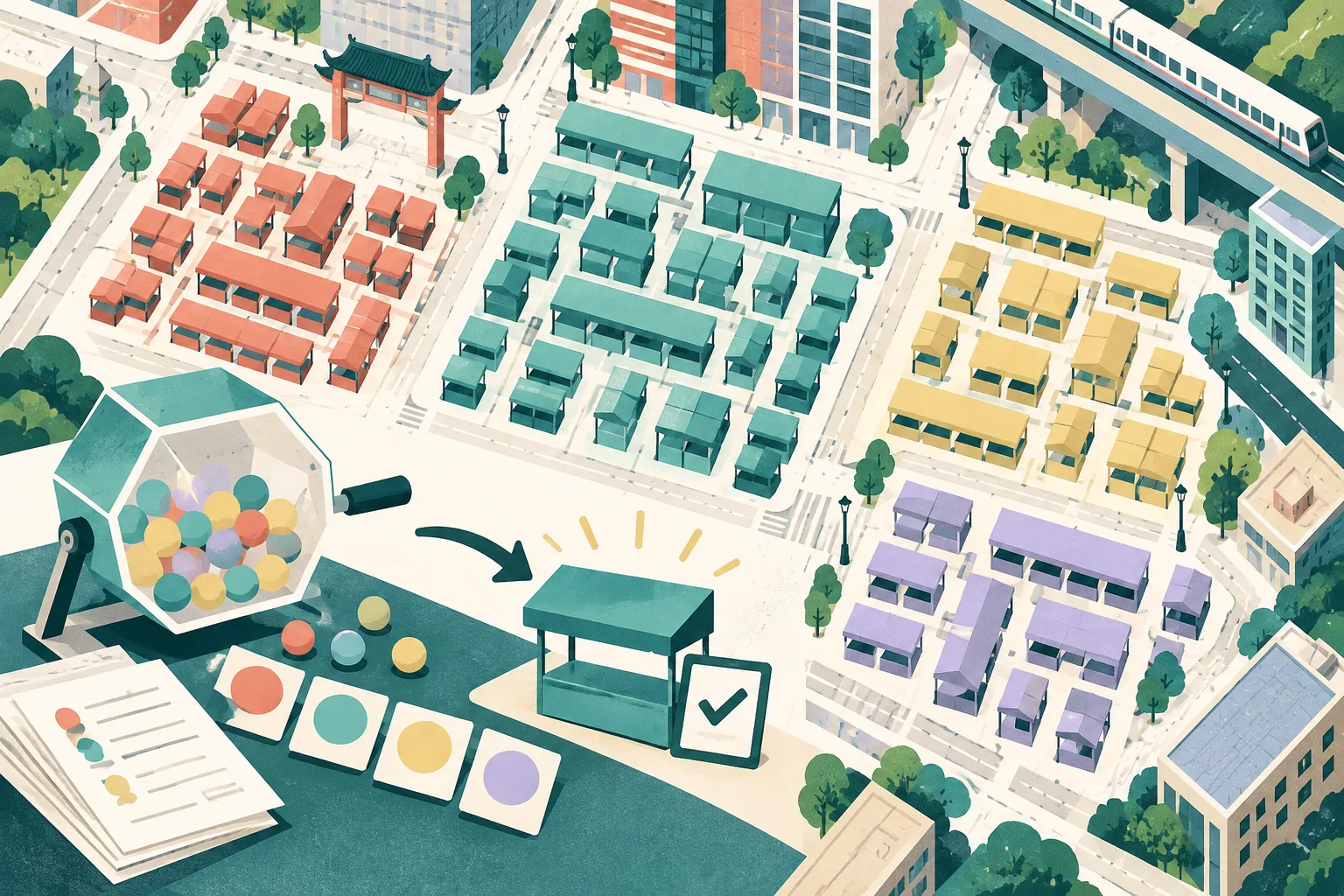 Top-down abstract diagram of colourful fixed-pitch hawker-stall shapes arranged in a city street grid, divided into four groups with larger clusters, alongside a ballot drum, numbered tokens and an application card.
