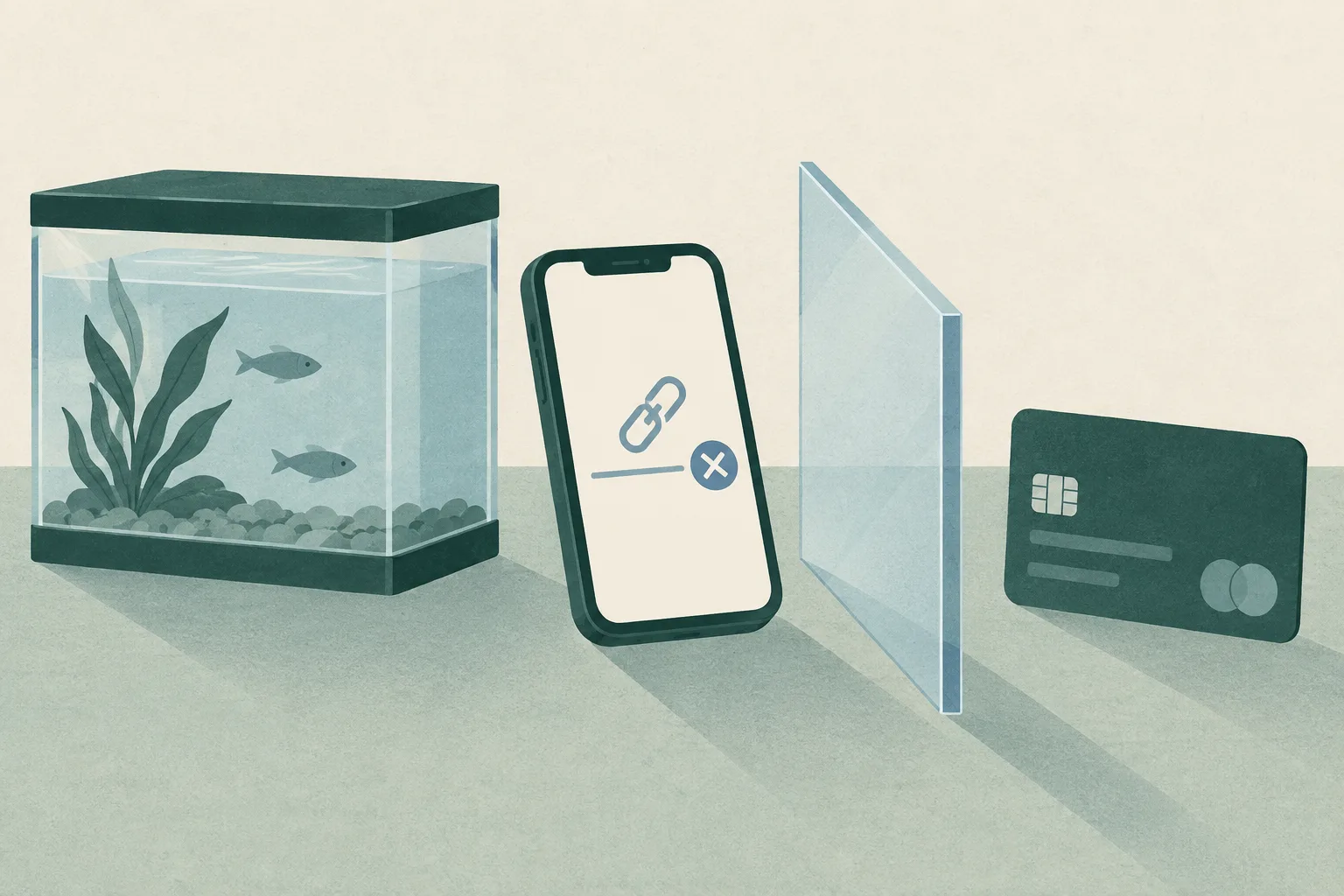 A small fish tank, smartphone and generic bank card are arranged on a flat surface, with a geometric barrier interrupting the phone's connection to the card.