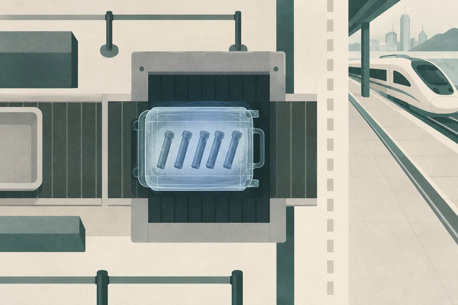 A flat diagram of a closed suitcase moving through a Hong Kong station security X-ray tunnel, with five ambiguous elongated shapes visible inside the bag and a simplified rail direction beyond the screening boundary.