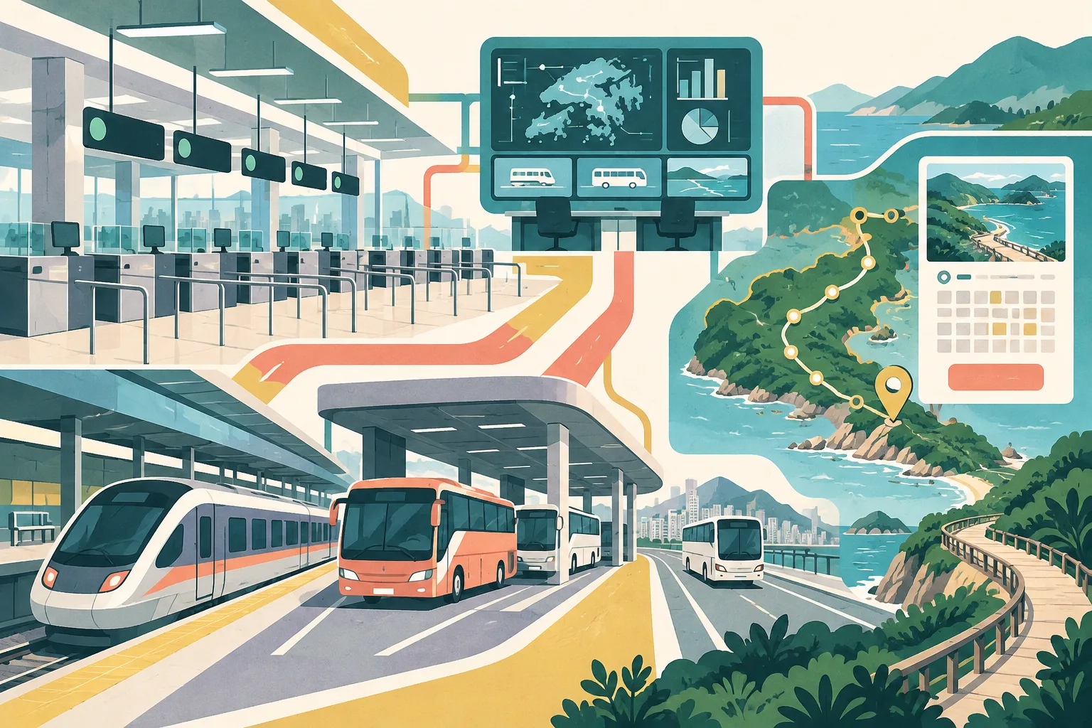 A cut-paper civic collage shows a Hong Kong border-control hall linked to a transport interchange, a coordination panel and a simplified coastal booking route, using teal, coral, ochre and blue geometric shapes.