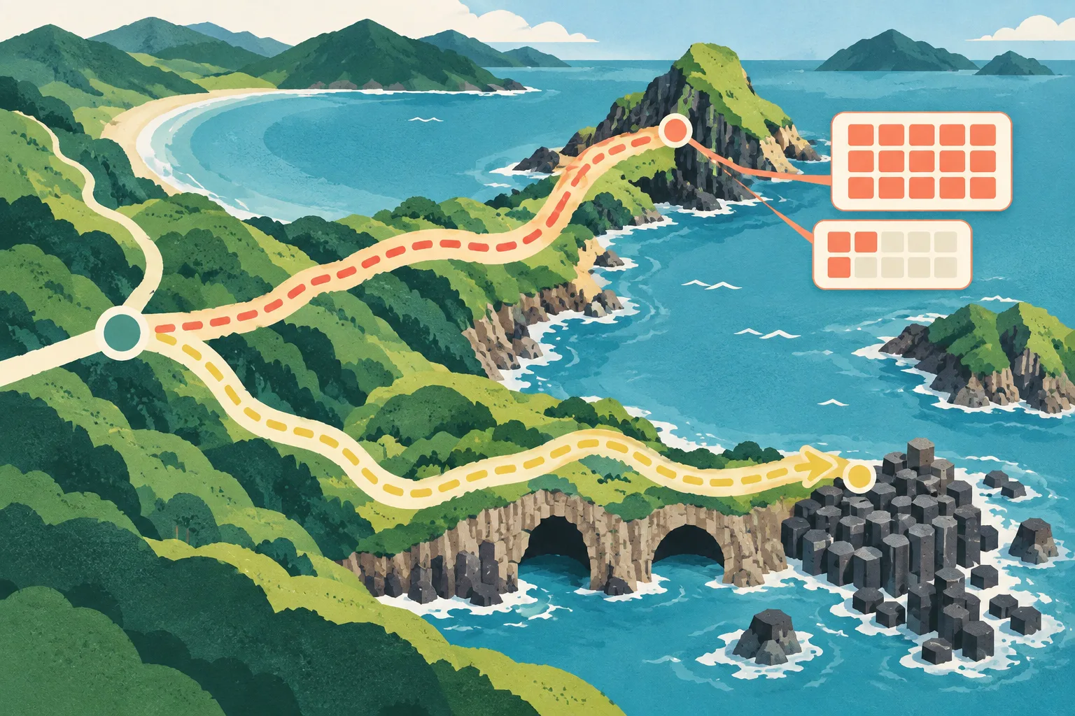 A cut-paper map-like illustration of two coastal trail routes branching beside a blue bay. One route ends beside a filled grid of reservation blocks, while the other continues past sea-cave openings and hexagonal volcanic rock columns toward an open shoreline.