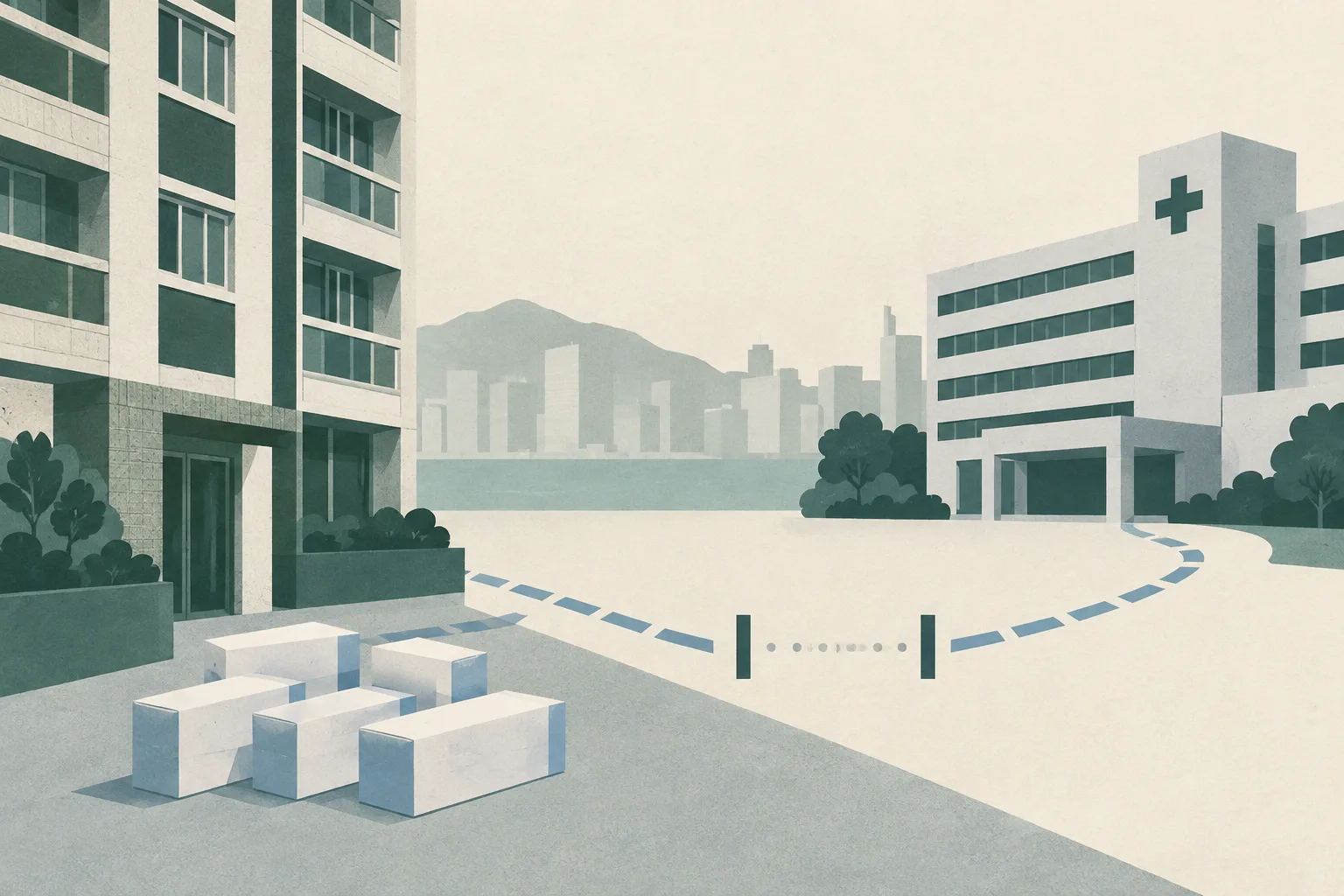 An abstract low-chroma diagram places five plain medication boxes beside a simplified residential building, with an interrupted route leading toward a separate hospital block and an open boundary gap between them.