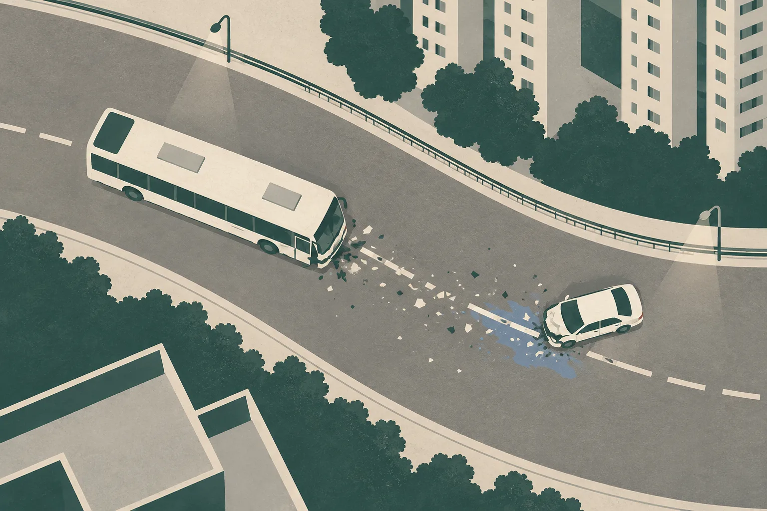 Top-down abstract illustration of a curved urban road with a simplified bus and private car stopped apart along a broken centre line, surrounded by a few restrained road fragments and a cool-toned cleared patch.