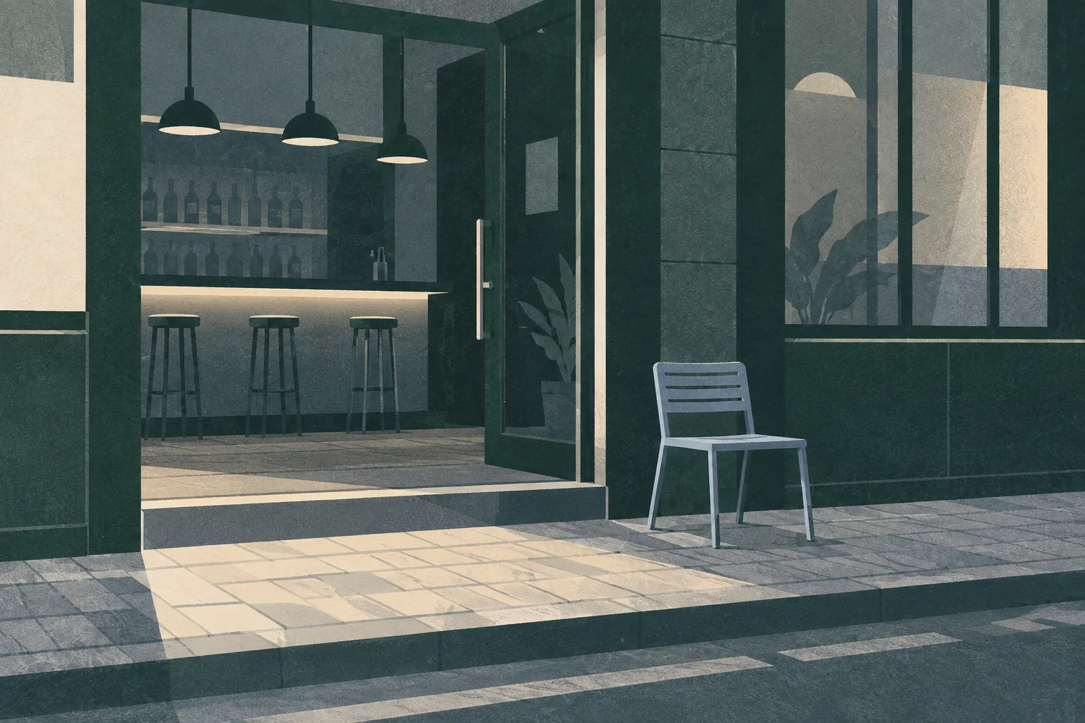 A muted cut-paper illustration of a generic bar frontage at night, with an empty chair on the pavement outside and a simple geometric threshold separating the interior from the street.