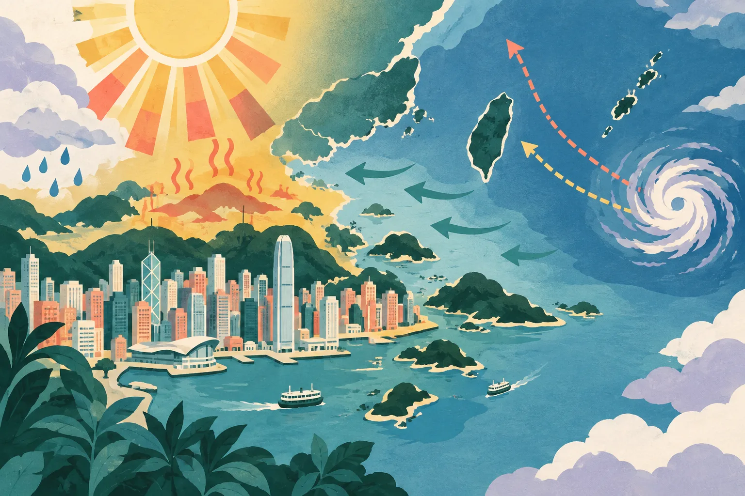 A cut-paper weather diagram shows a hot sun over simplified Hong Kong city blocks, pale ultraviolet rays, a small cloud with light showers, easterly wind arrows, and a distant blue spiral weather system with several softly separated possible paths.