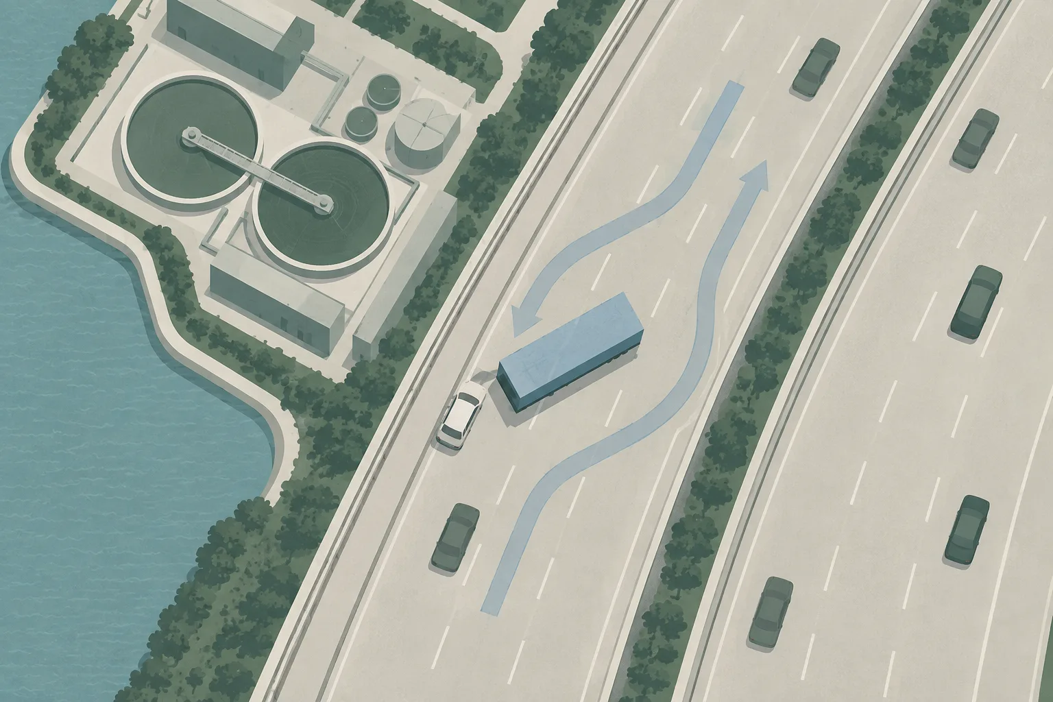 Top-down cut-paper diagram of a divided highway beside a simplified sewage-treatment structure, with a private car near a roadside barrier, displaced heavy cargo on the roadway, partial lane closures and traffic-flow bands curving around the obstruction.
