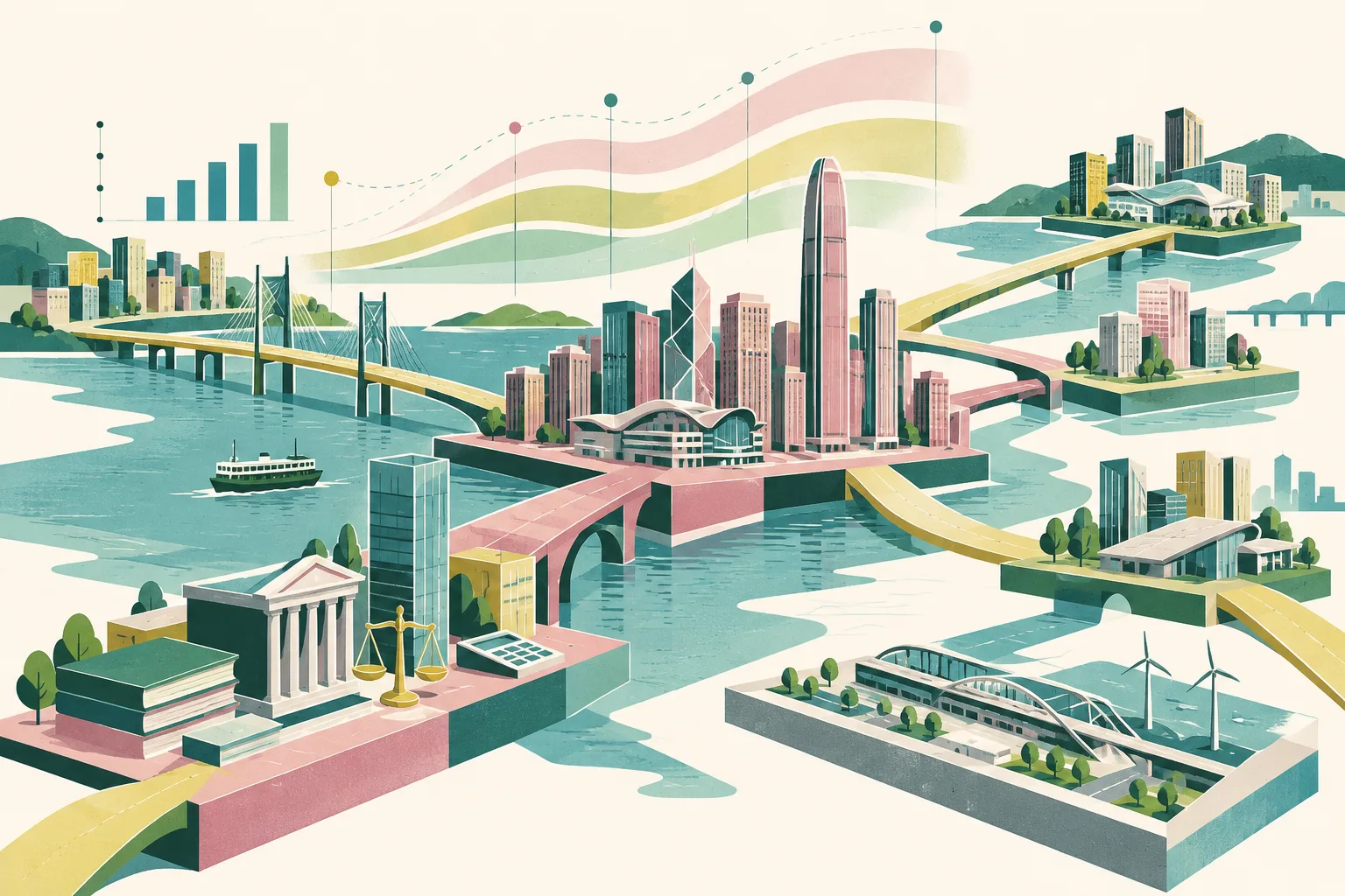 A cut-paper civic collage shows an open modular pathway linking Hong Kong architectural forms with regional business blocks. Flexible forecast bands and range markers sit beside a firmer infrastructure segment, while abstract legal, financial and accounting objects follow the connected route.
