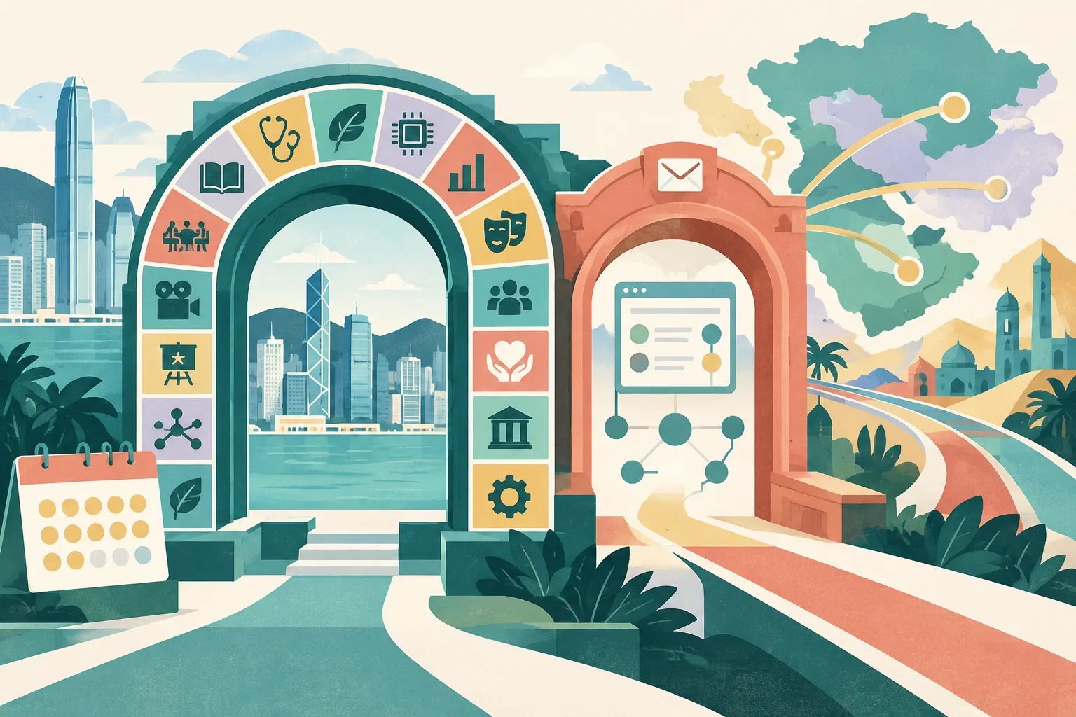 A cut-paper illustration of two connected but separate civic gateways, one surrounded by colourful sector tiles and a fourteen-part calendar block, the other containing an electronic processing panel and broad regional pathways extending outward.